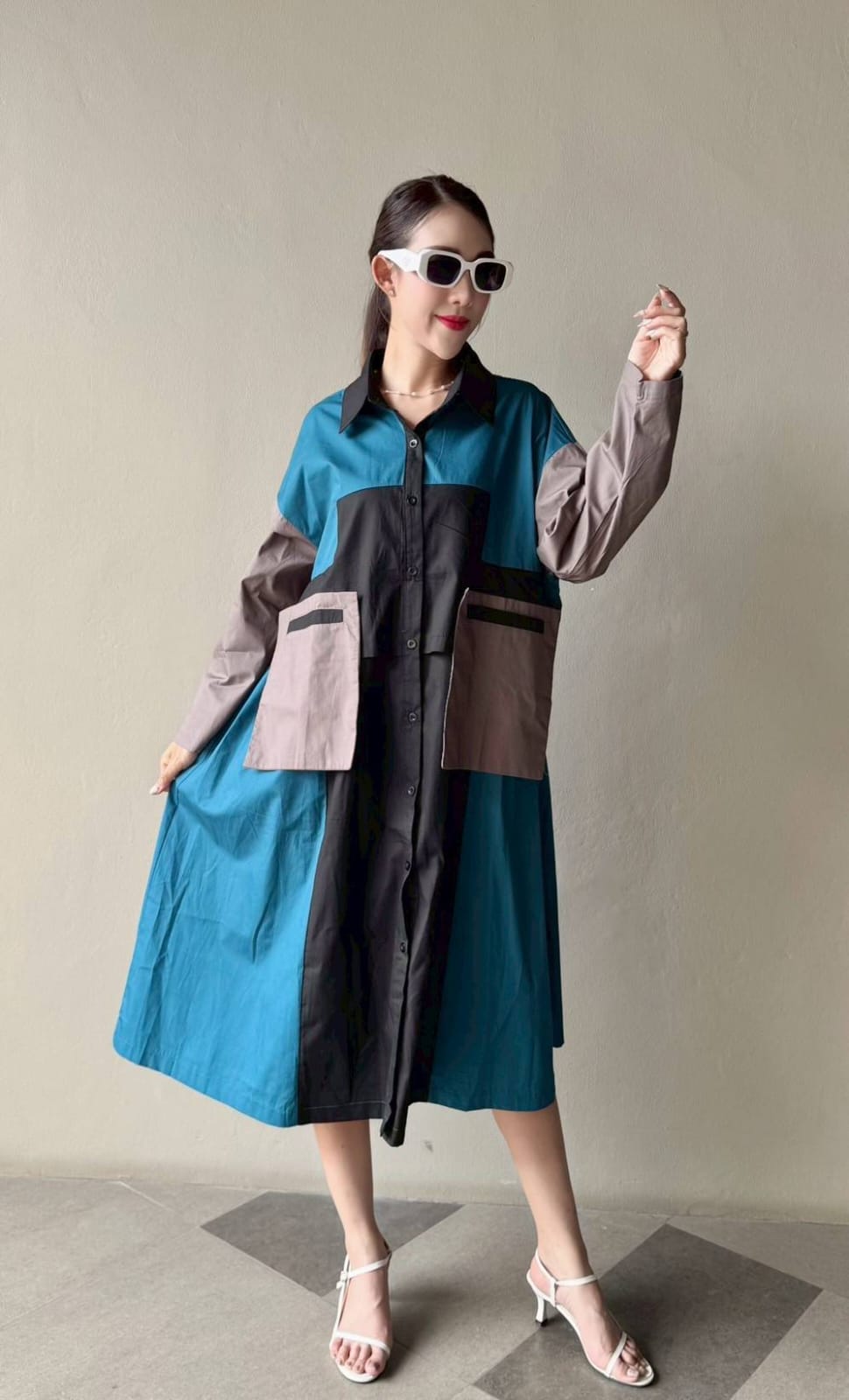 Teal Blue Vertical Panel Color Blocking Tunic Dress