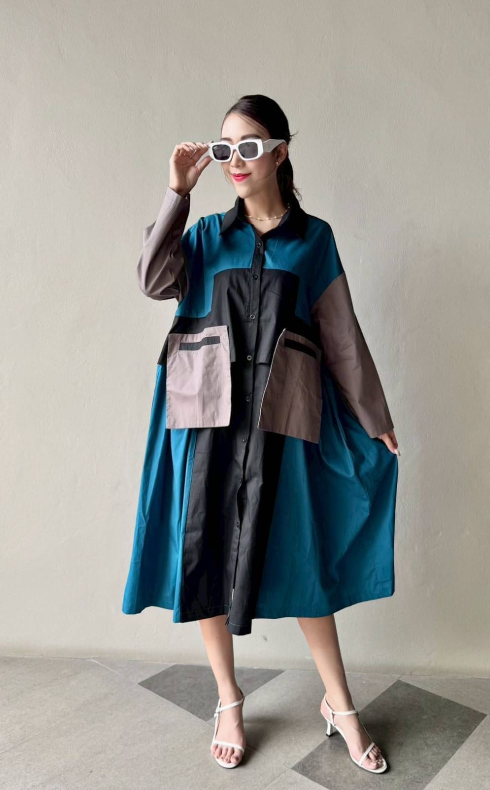Teal Blue Vertical Panel Color Blocking Tunic Dress