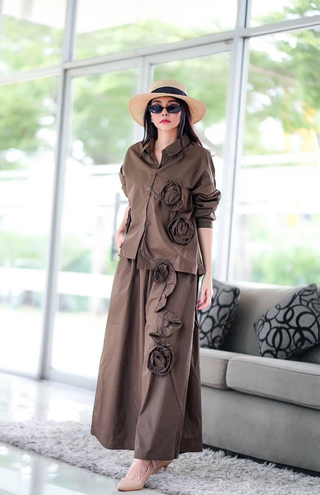 Mocha Brown Embroidered Cotton Co-Ord Set