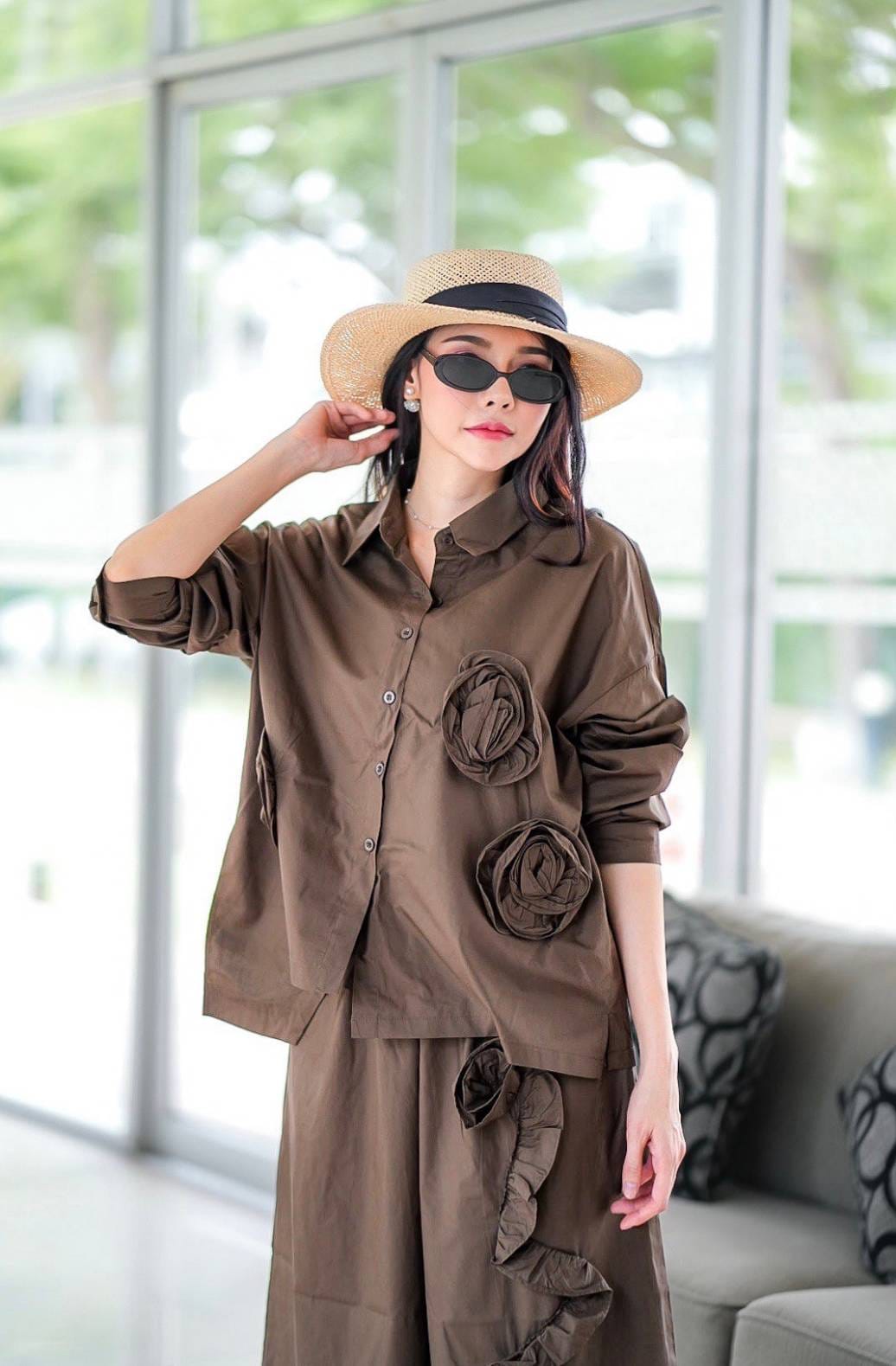 Mocha Brown Embroidered Cotton Co-Ord Set