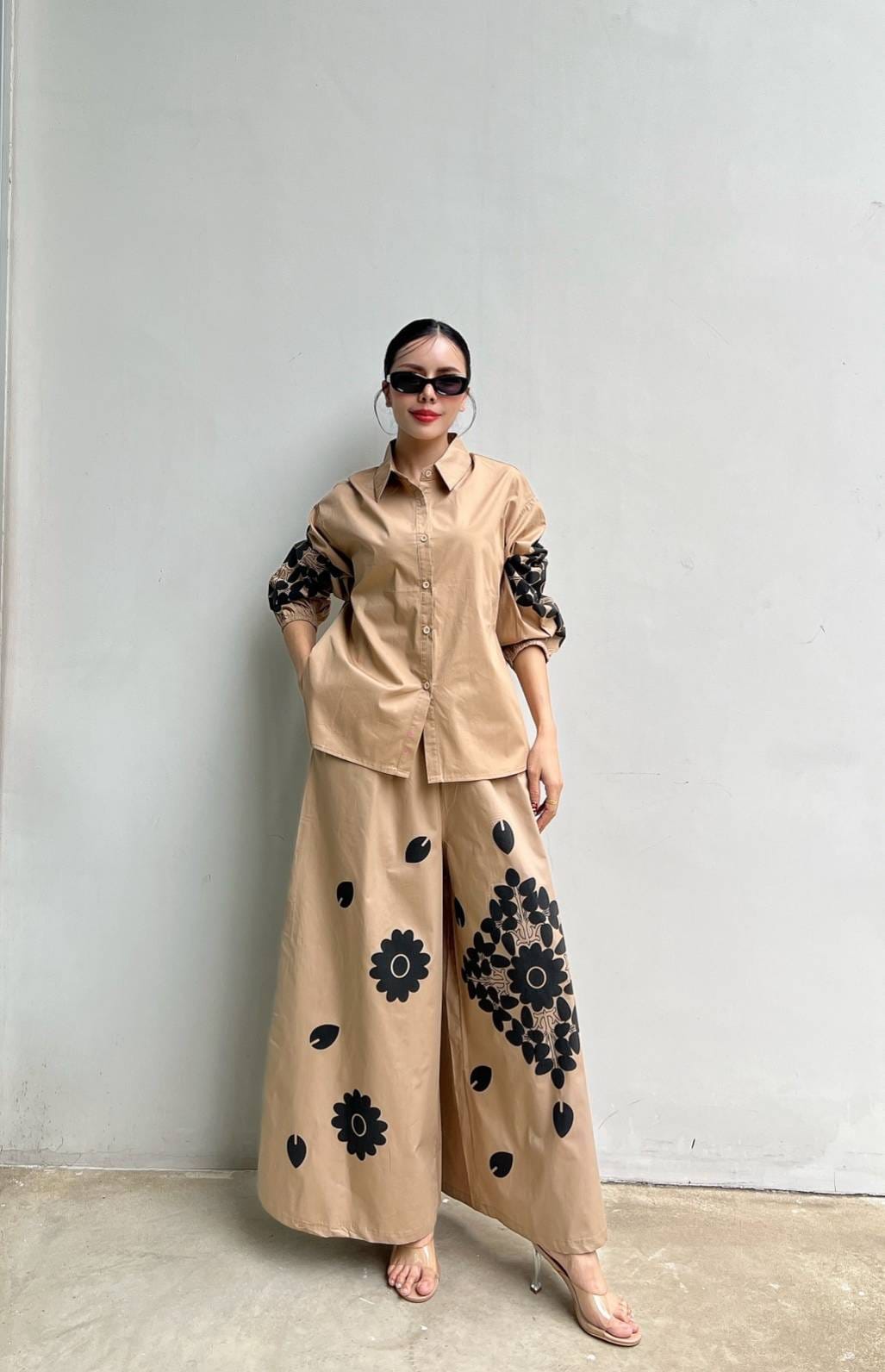 Camel Beige Embroidered Cotton Co-Ord Set