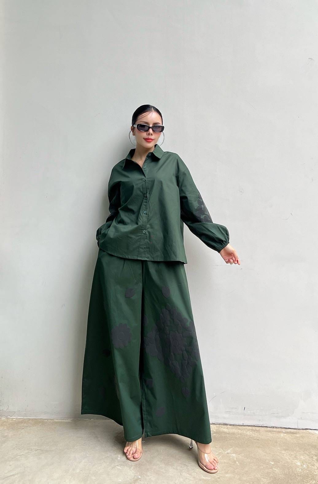 Bottle Green Embroidered Cotton Co-Ord Set