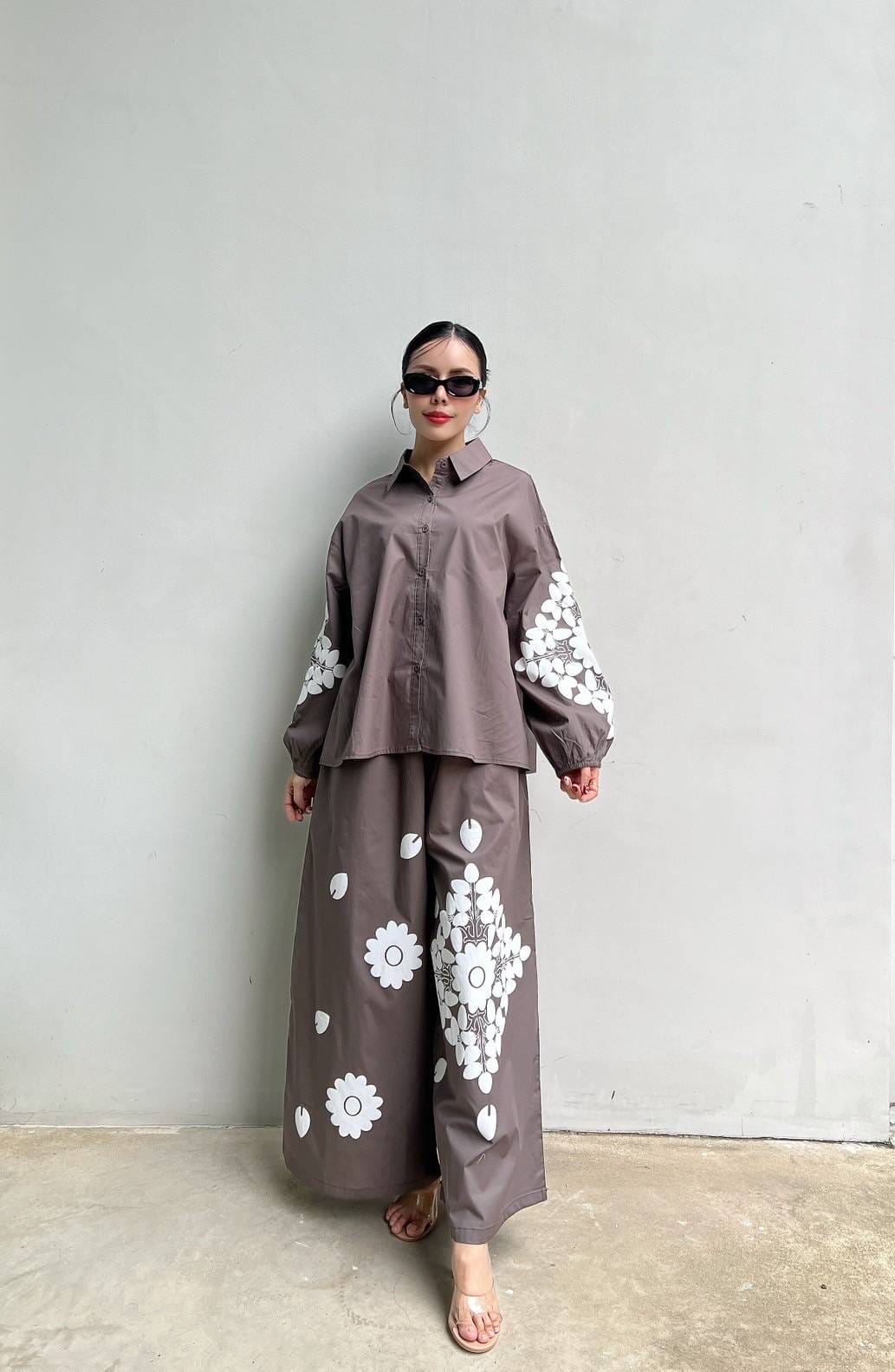 Taupe Gray Embroidered Cotton Co-Ord Set