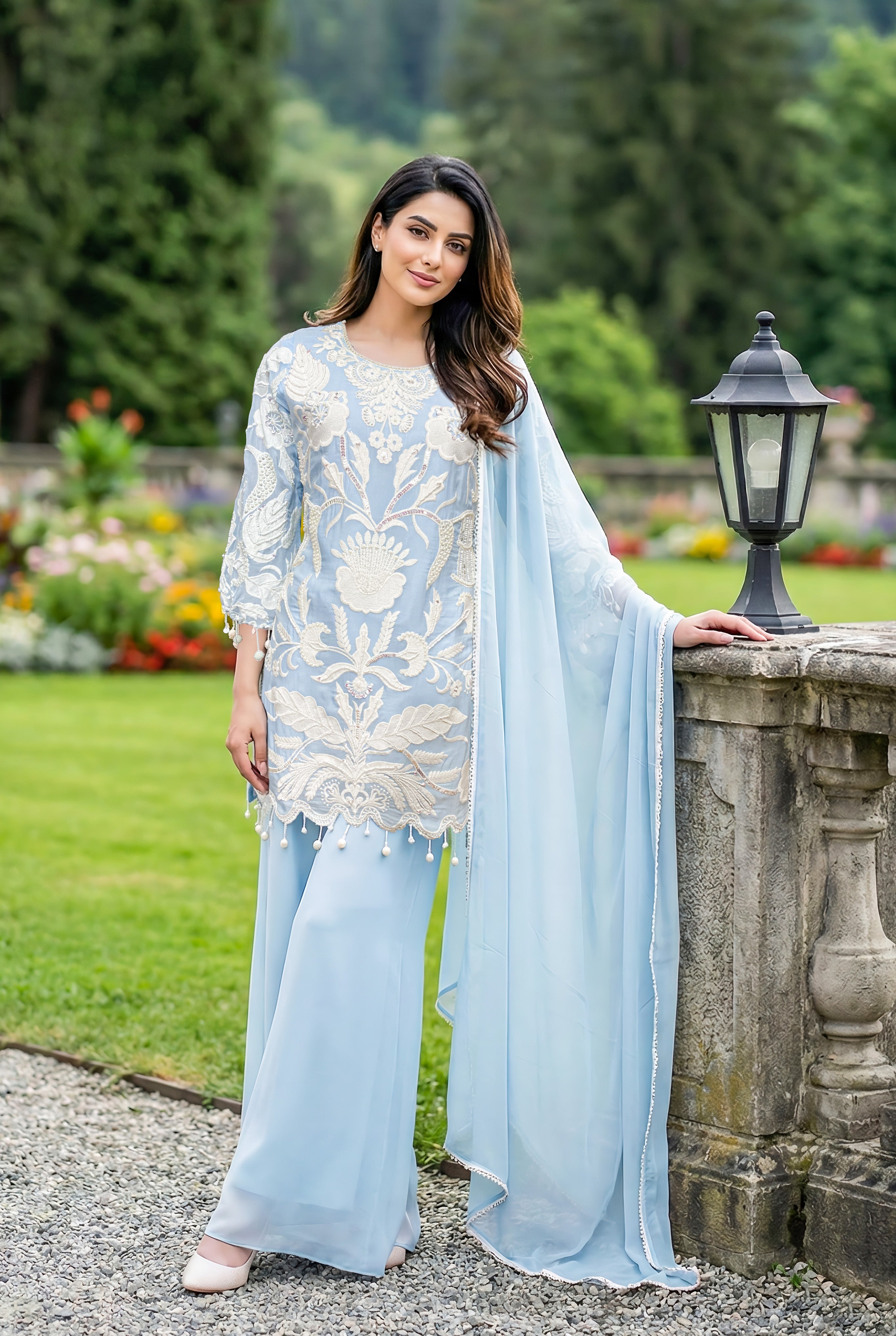 Pastel Serene Embellished Georgette Silk Palazzo Set