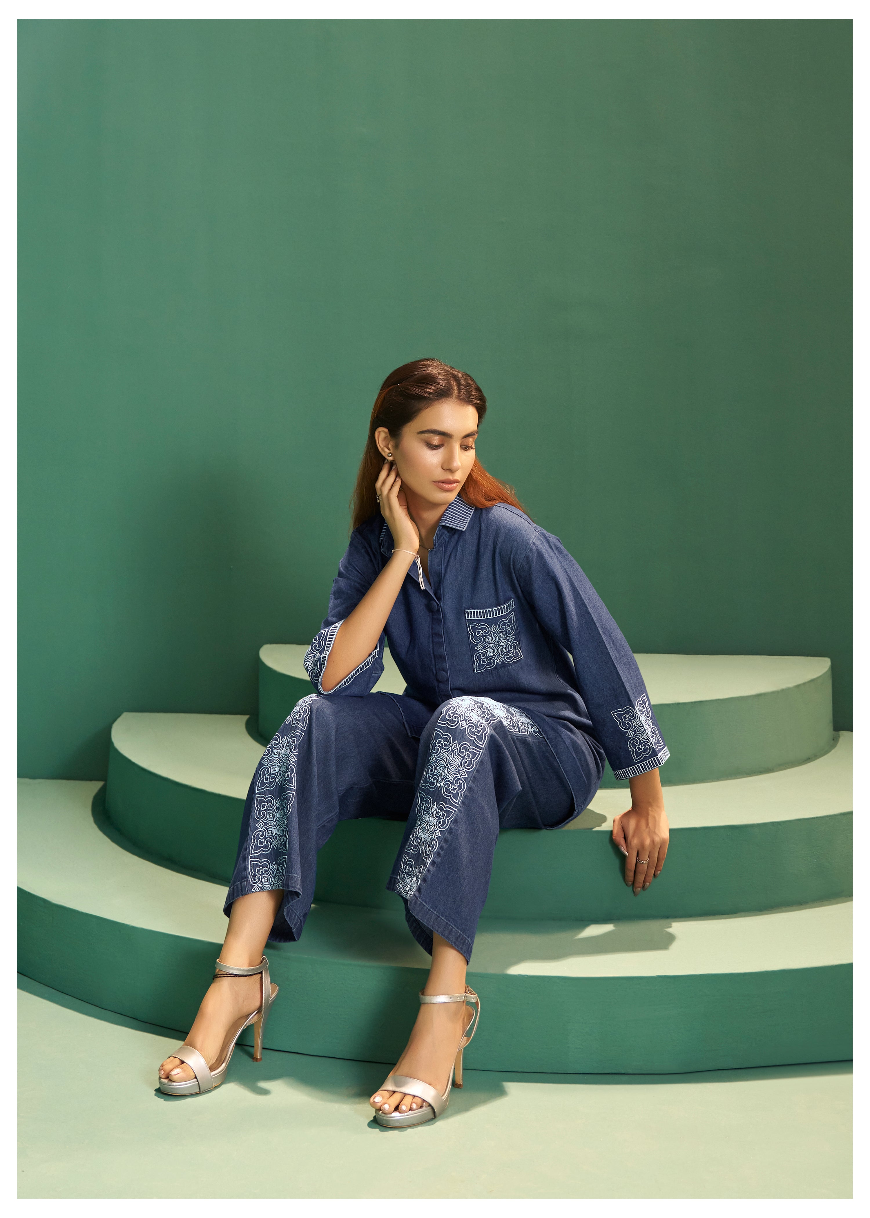 Indigo Embroidered Cotton Co-ord Set