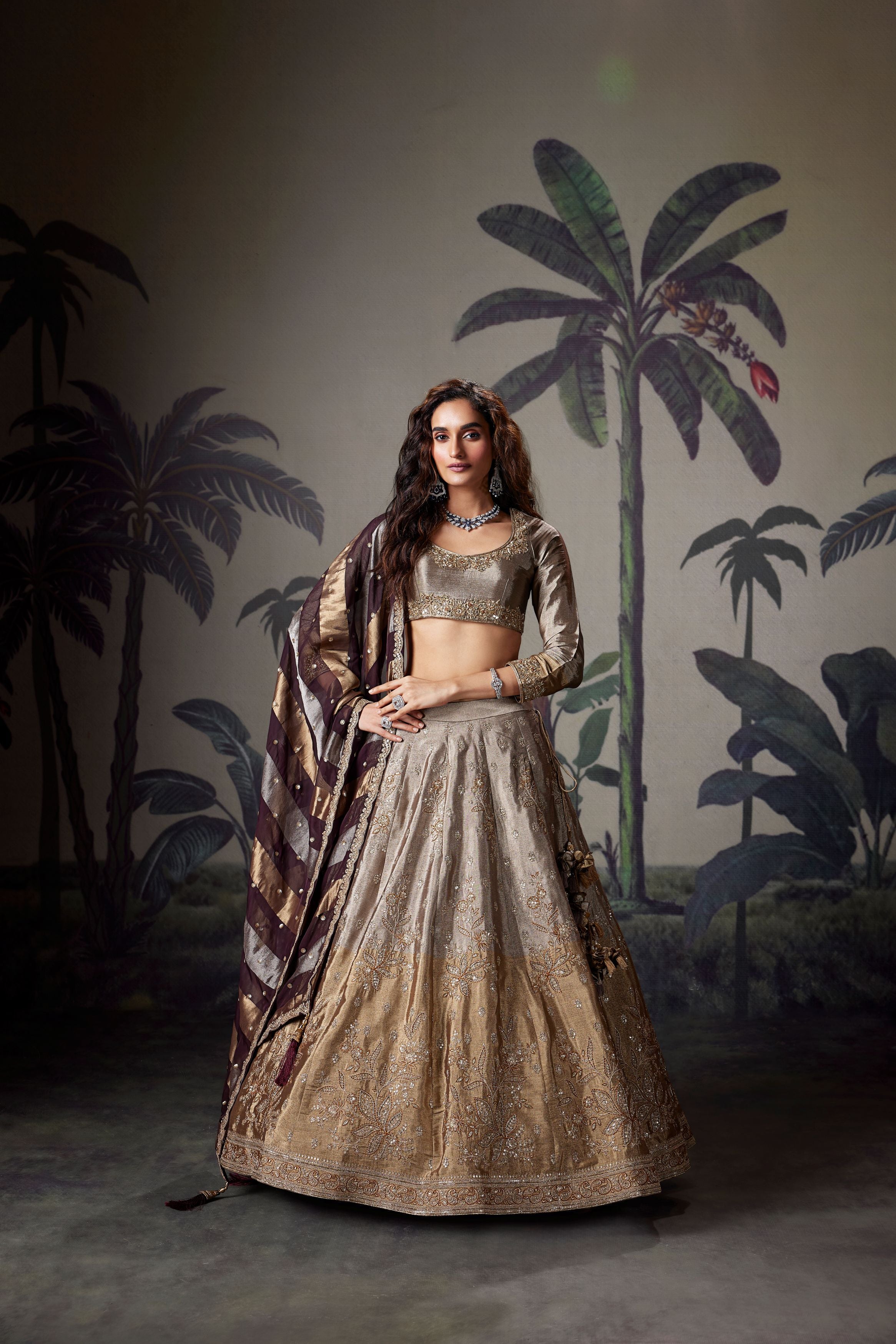 Taupe Gold Embellished Premium Silk Lehenga Set