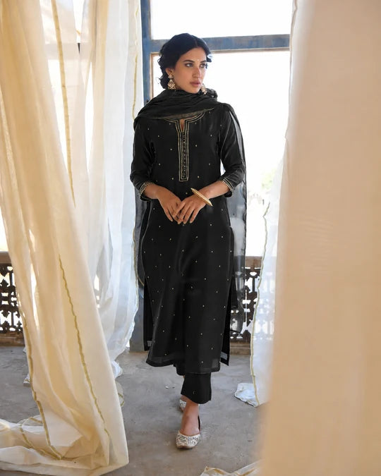 Black Embellished Mul Chanderi Silk Pant Set