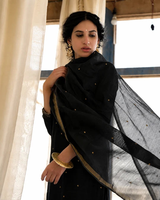 Black Embellished Mul Chanderi Silk Pant Set