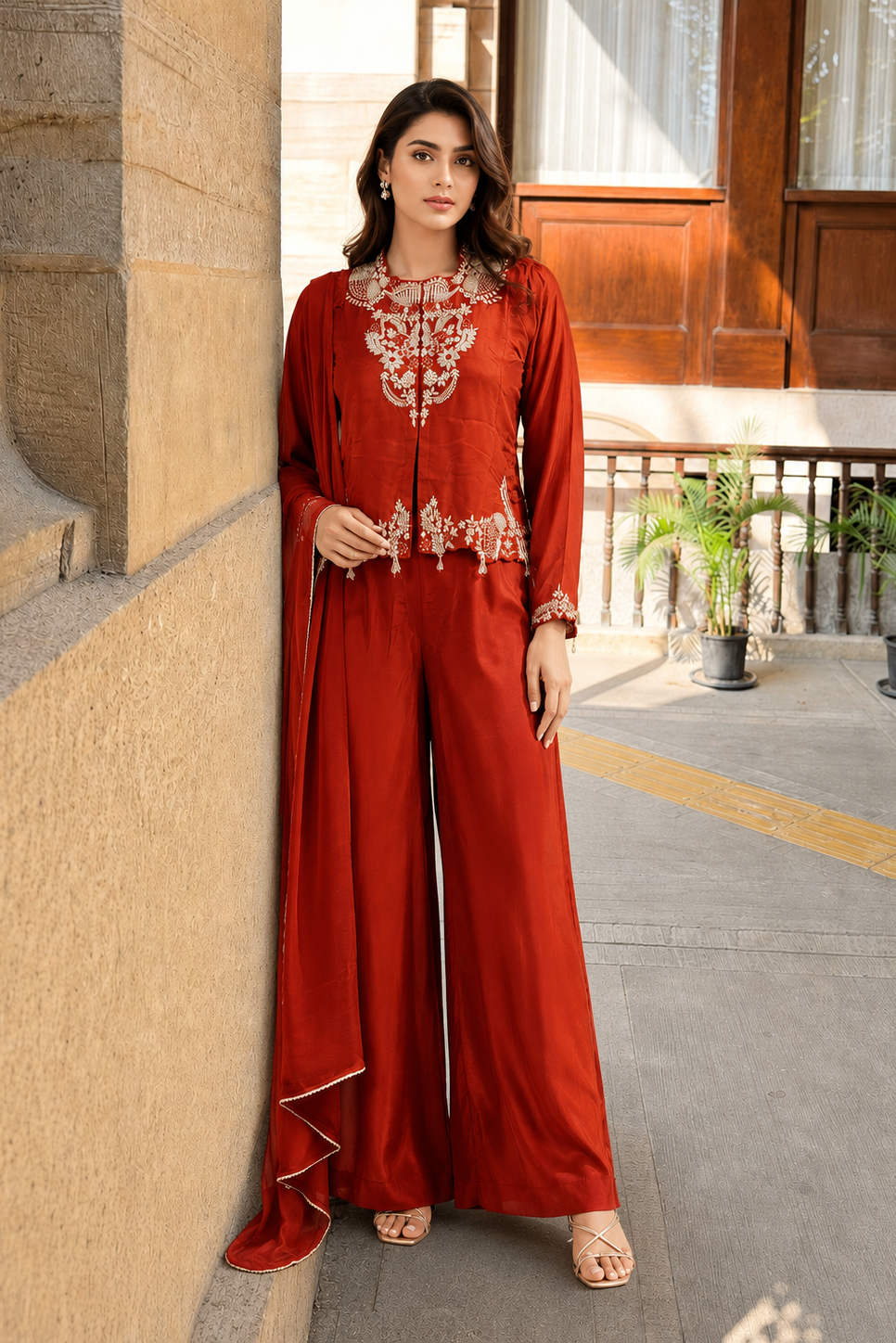 Orange Spice Embellished Chinon Silk Palazzo Set