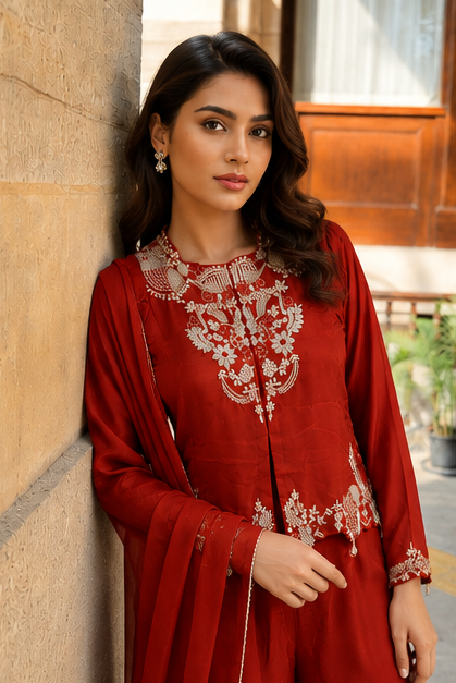 Orange Spice Embellished Chinon Silk Palazzo Set