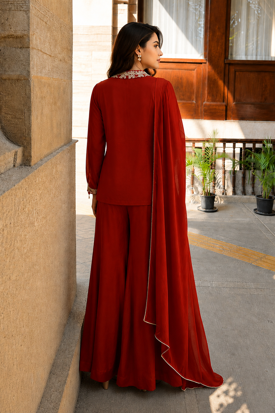 Orange Spice Embellished Chinon Silk Palazzo Set