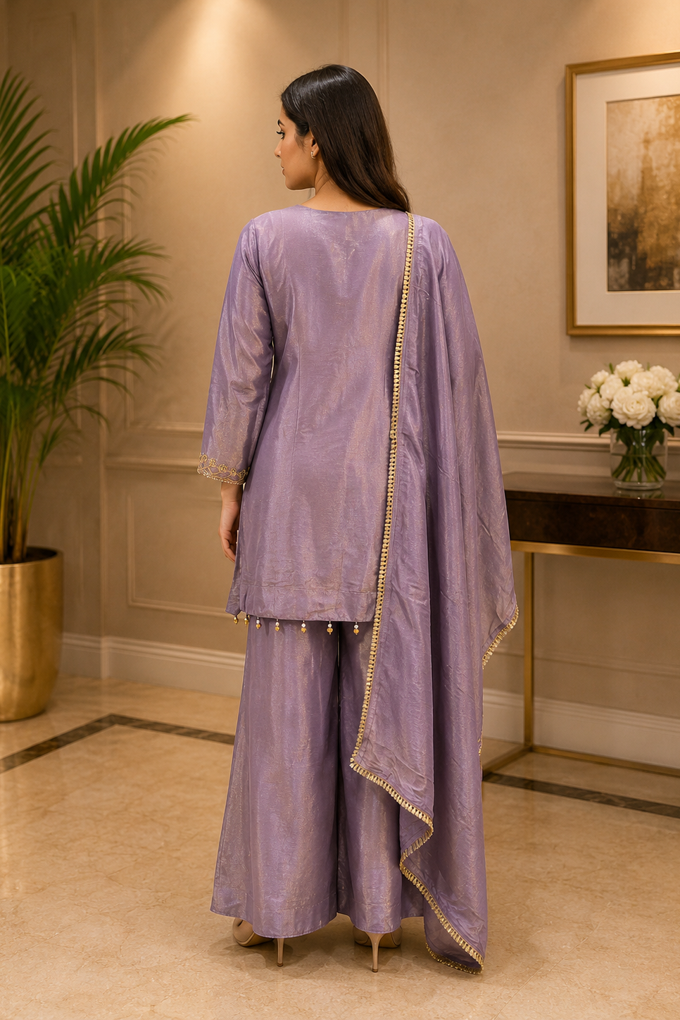 Lavender Dust Embellished Shimmer Tissue Silk Palazzo Set