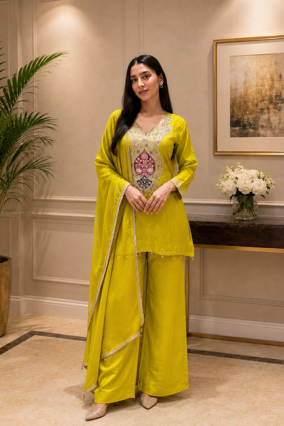 Liril Green Embellished Shimmer Tissue Silk Palazzo Set