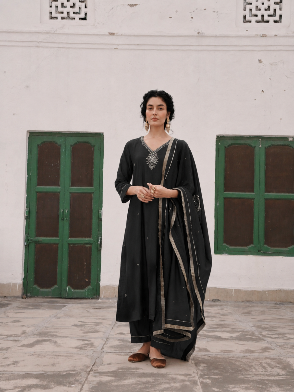 Black Embellished Mul Chanderi Silk Pant Set