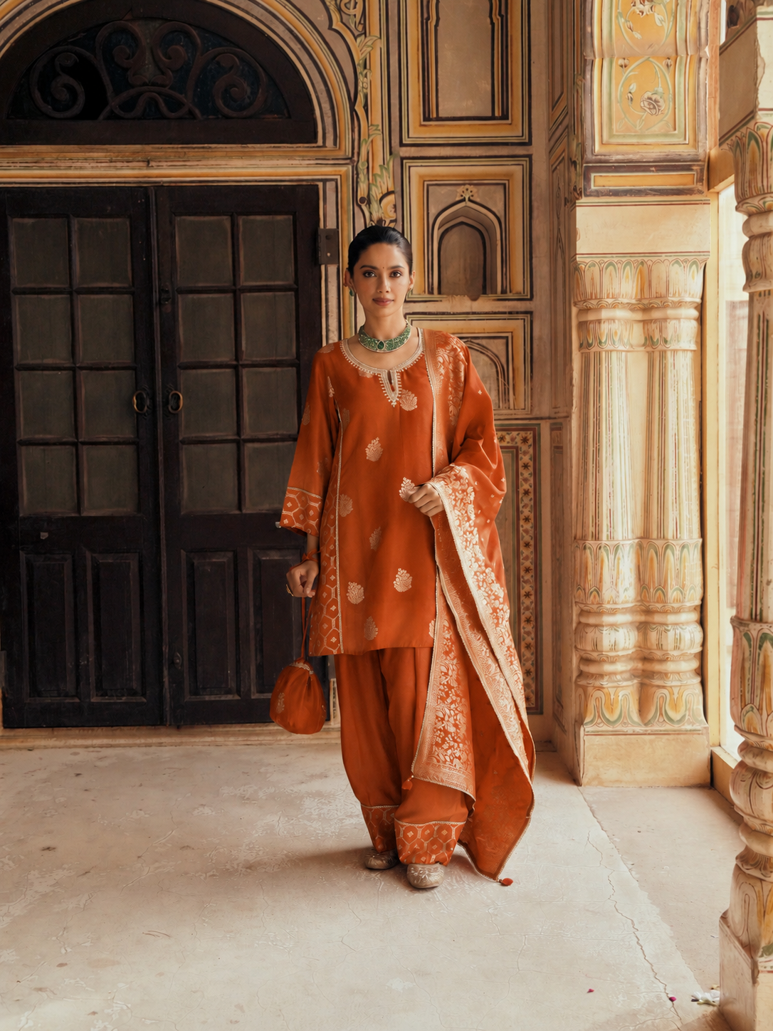 Rust Orange  Embellished Banarasi Silk Salwar Set