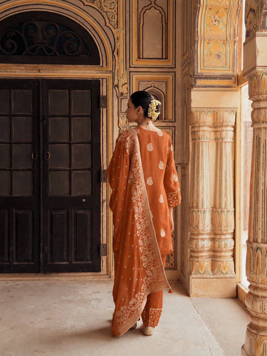 Rust Orange  Embellished Banarasi Silk Salwar Set