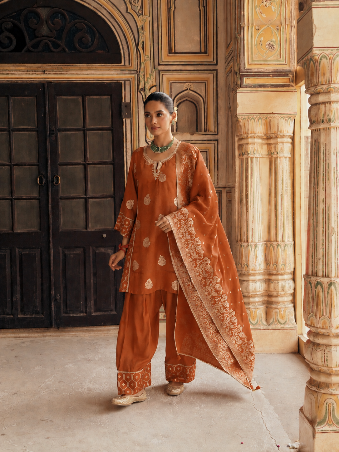Rust Orange  Embellished Banarasi Silk Salwar Set