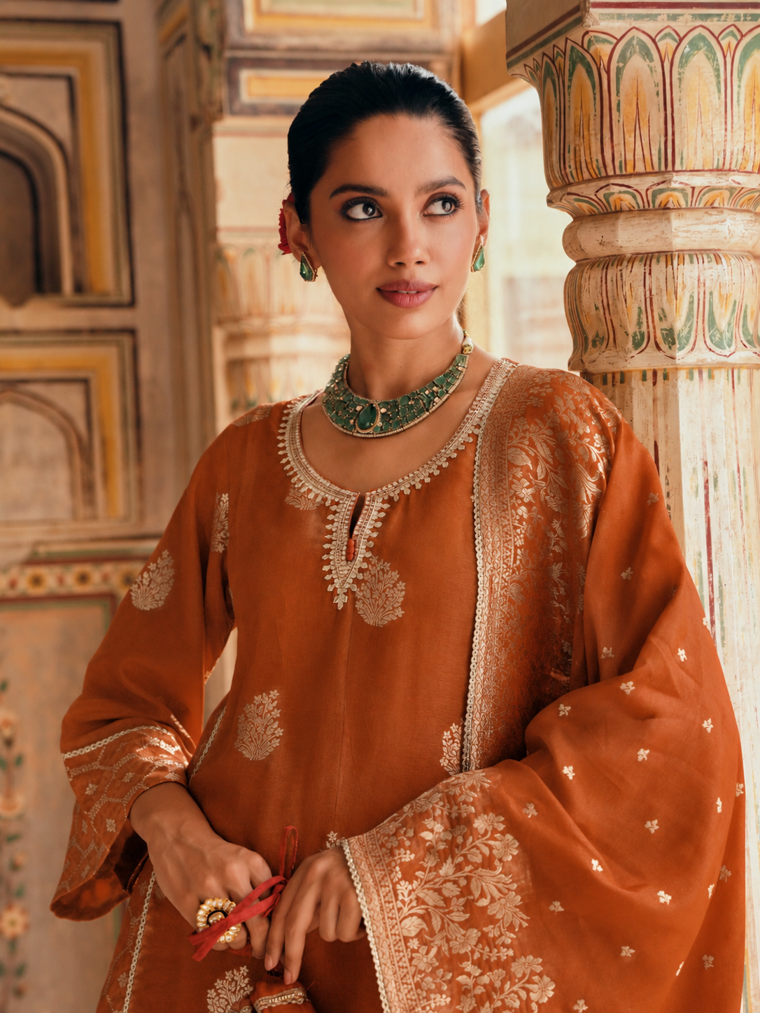 Rust Orange  Embellished Banarasi Silk Salwar Set
