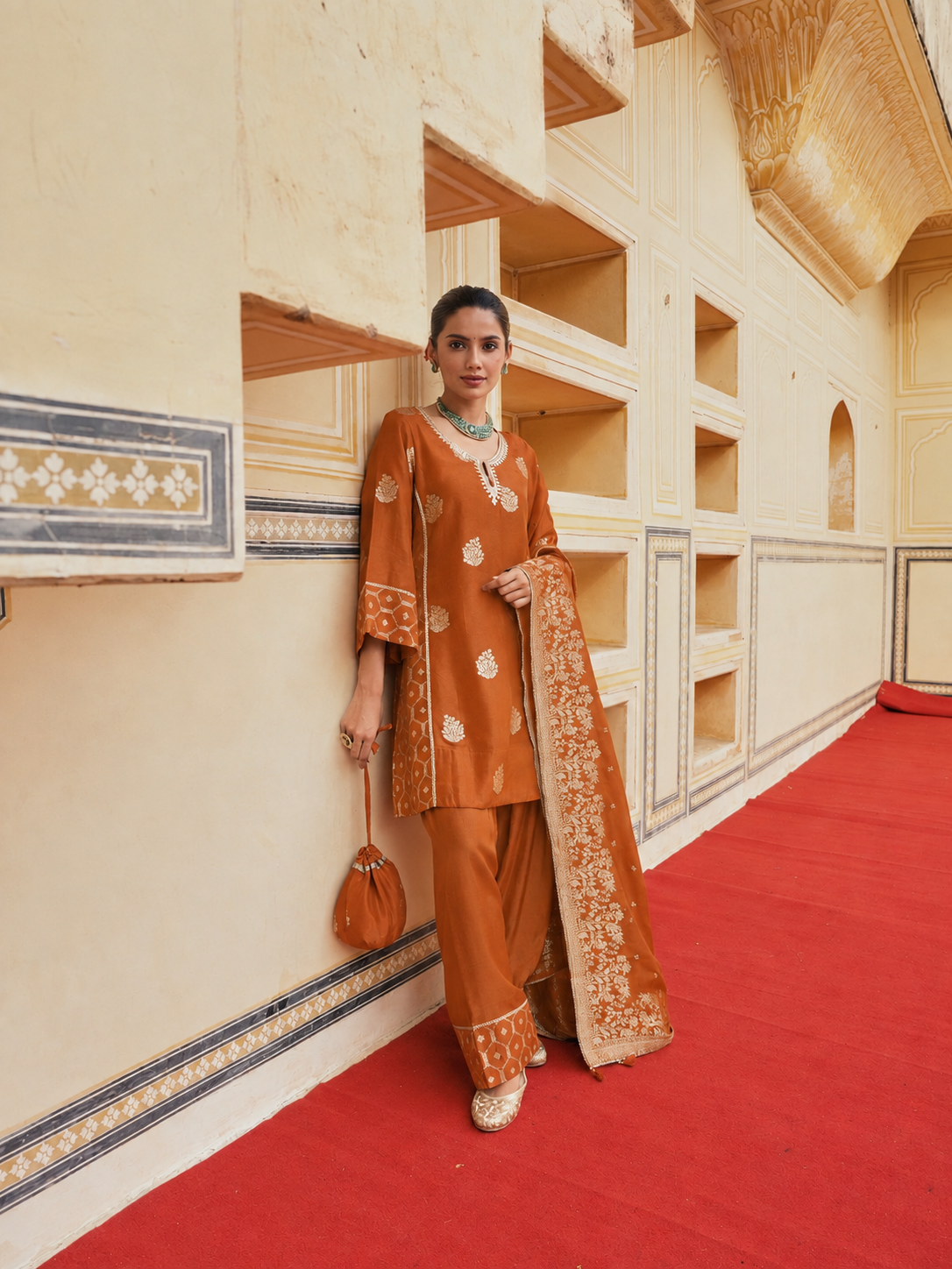 Rust Orange  Embellished Banarasi Silk Salwar Set