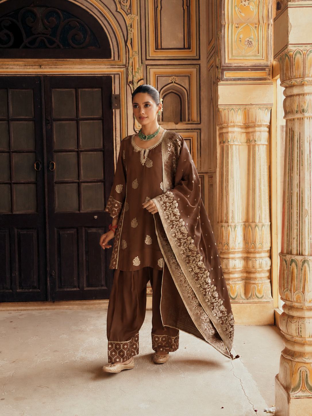 Brown Embellished Banarasi Silk Salwar Set