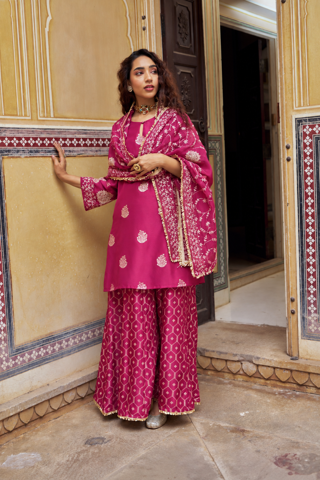 Magenta Pink Woven Banarsi Silk Sharara Set