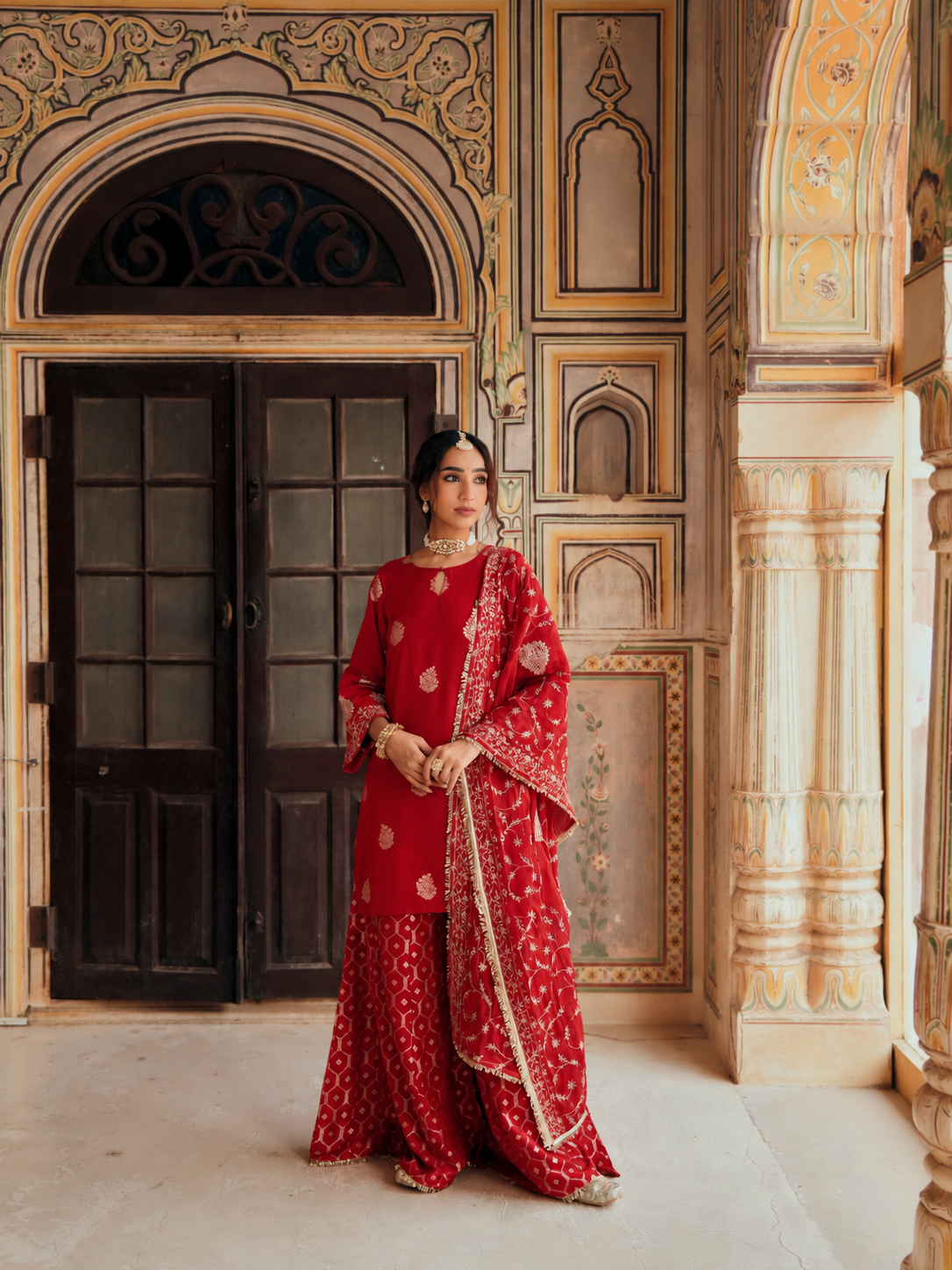 Red Embellished Pure Banarasi Sharara Set