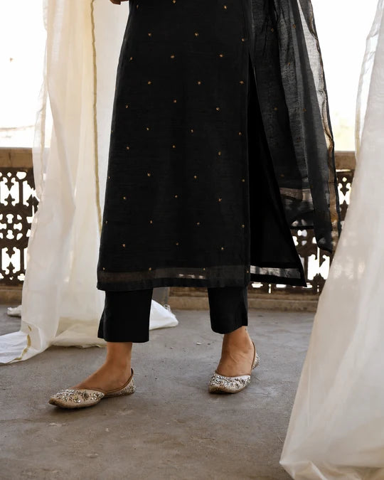 Black Embellished Mul Chanderi Silk Pant Set