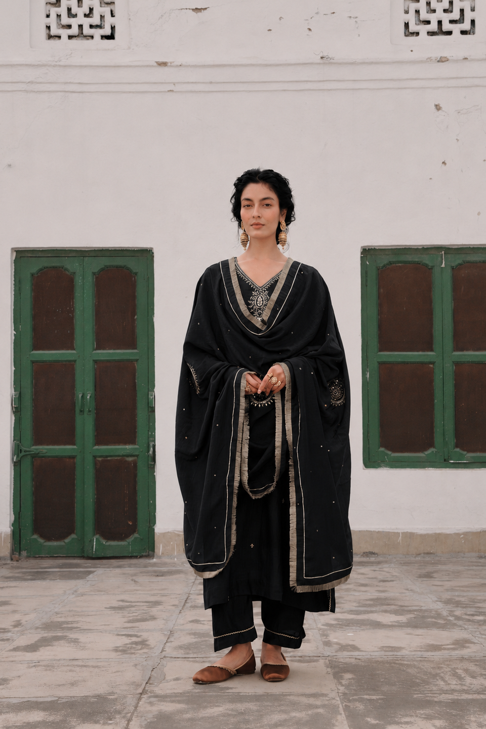 Black Embellished Mul Chanderi Silk Pant Set