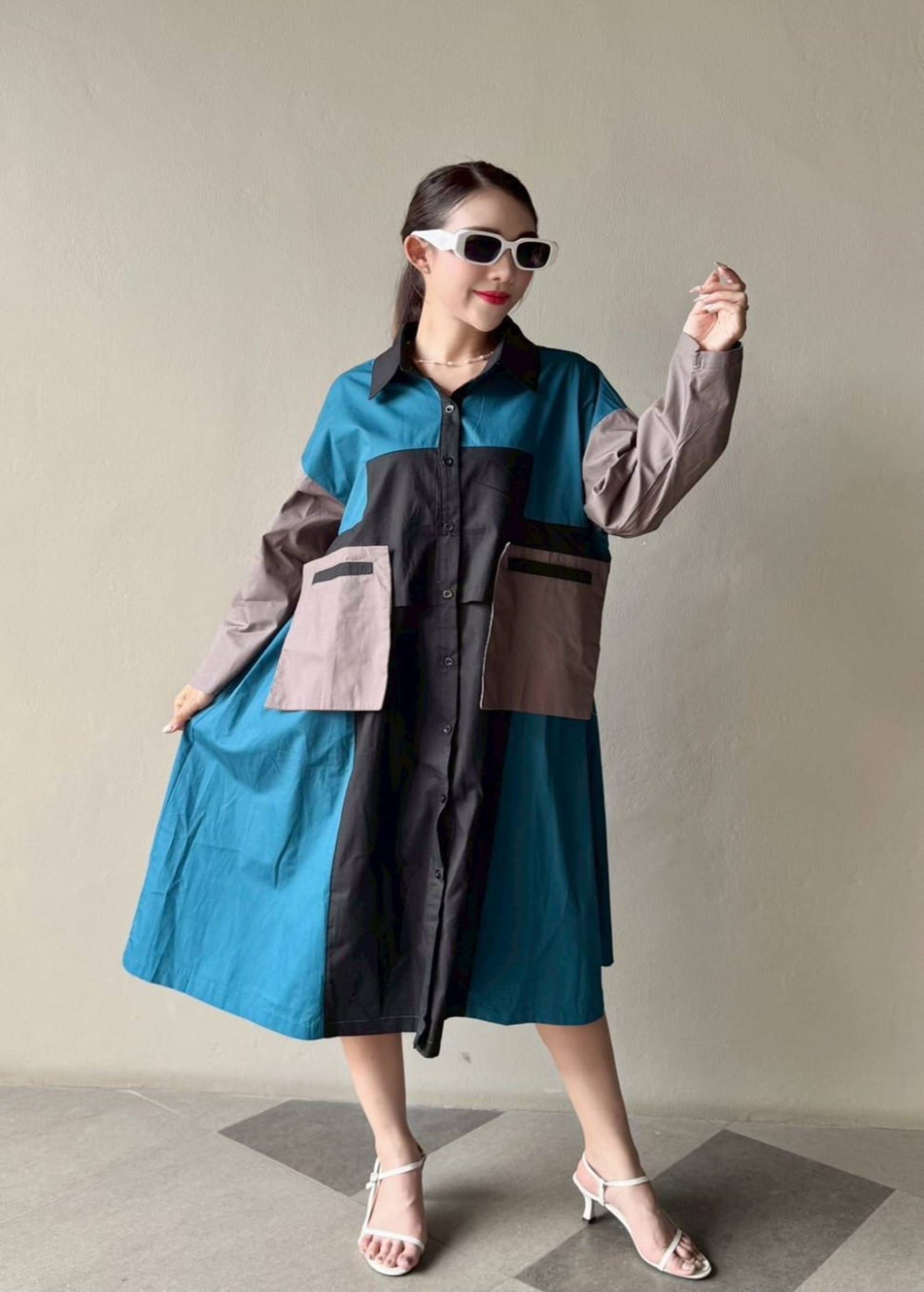 Teal Blue Vertical Panel Color Blocking Tunic Dress