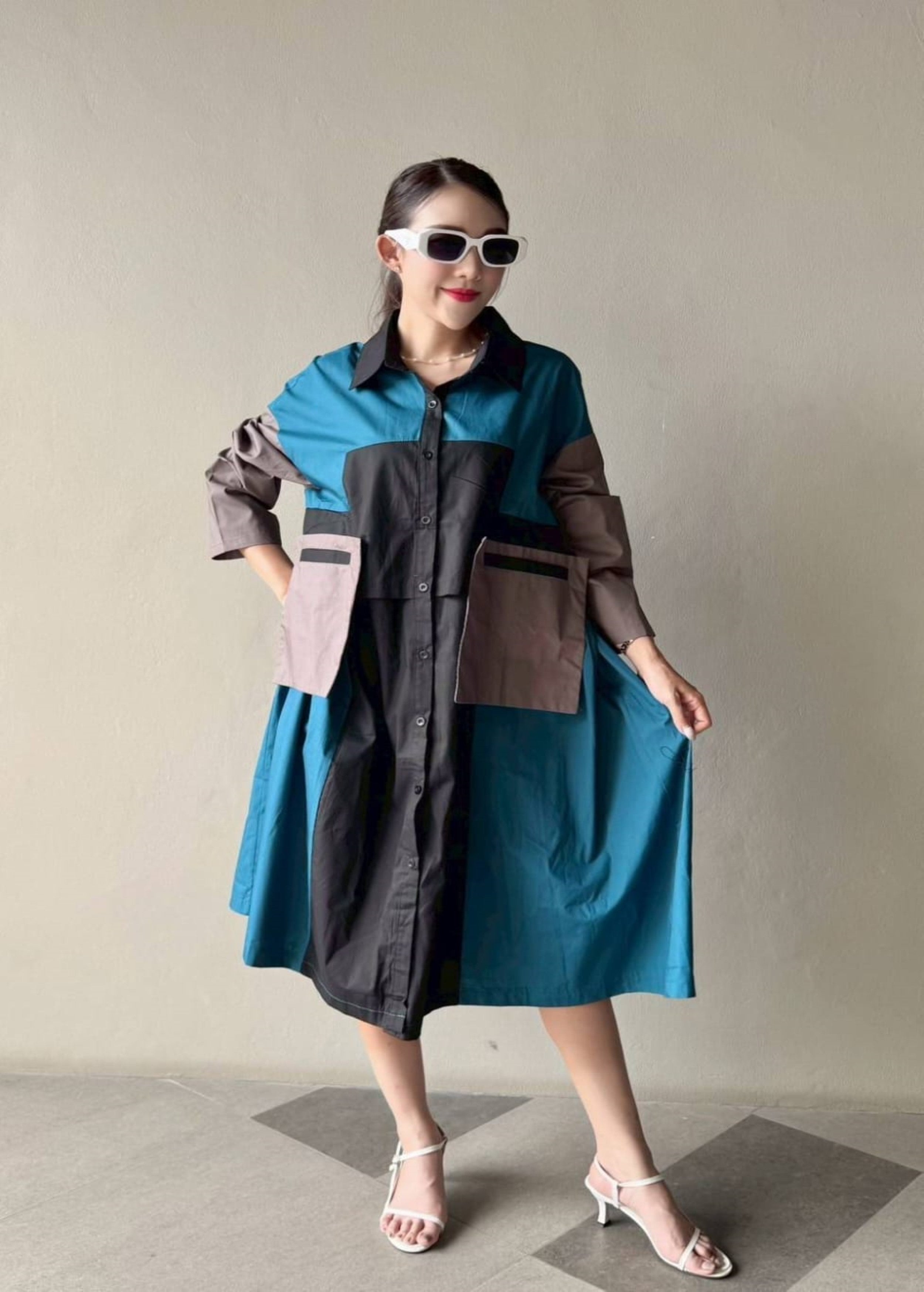 Teal Blue Vertical Panel Color Blocking Tunic Dress