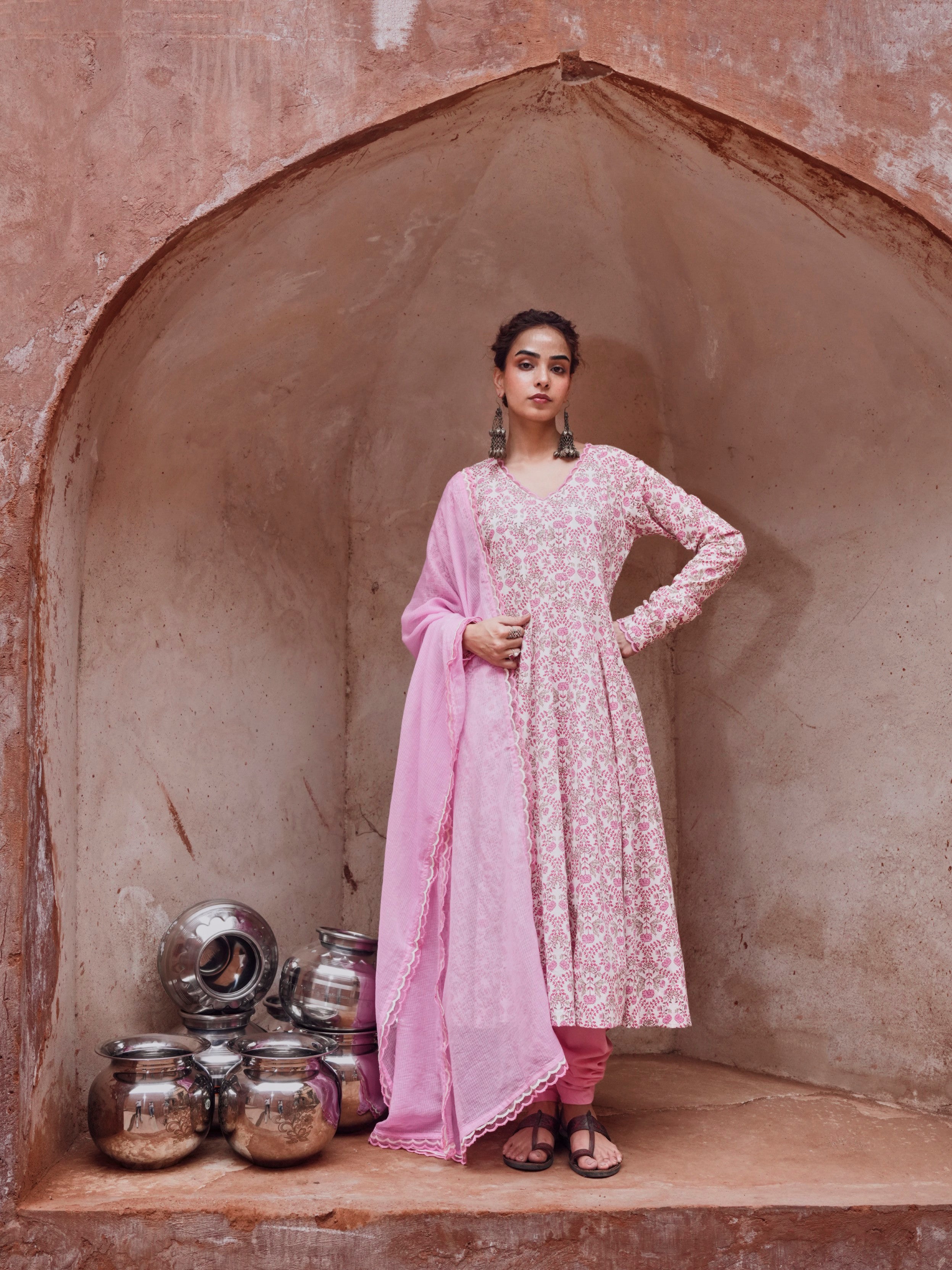 Pink Cotton Floral Anarkali Set