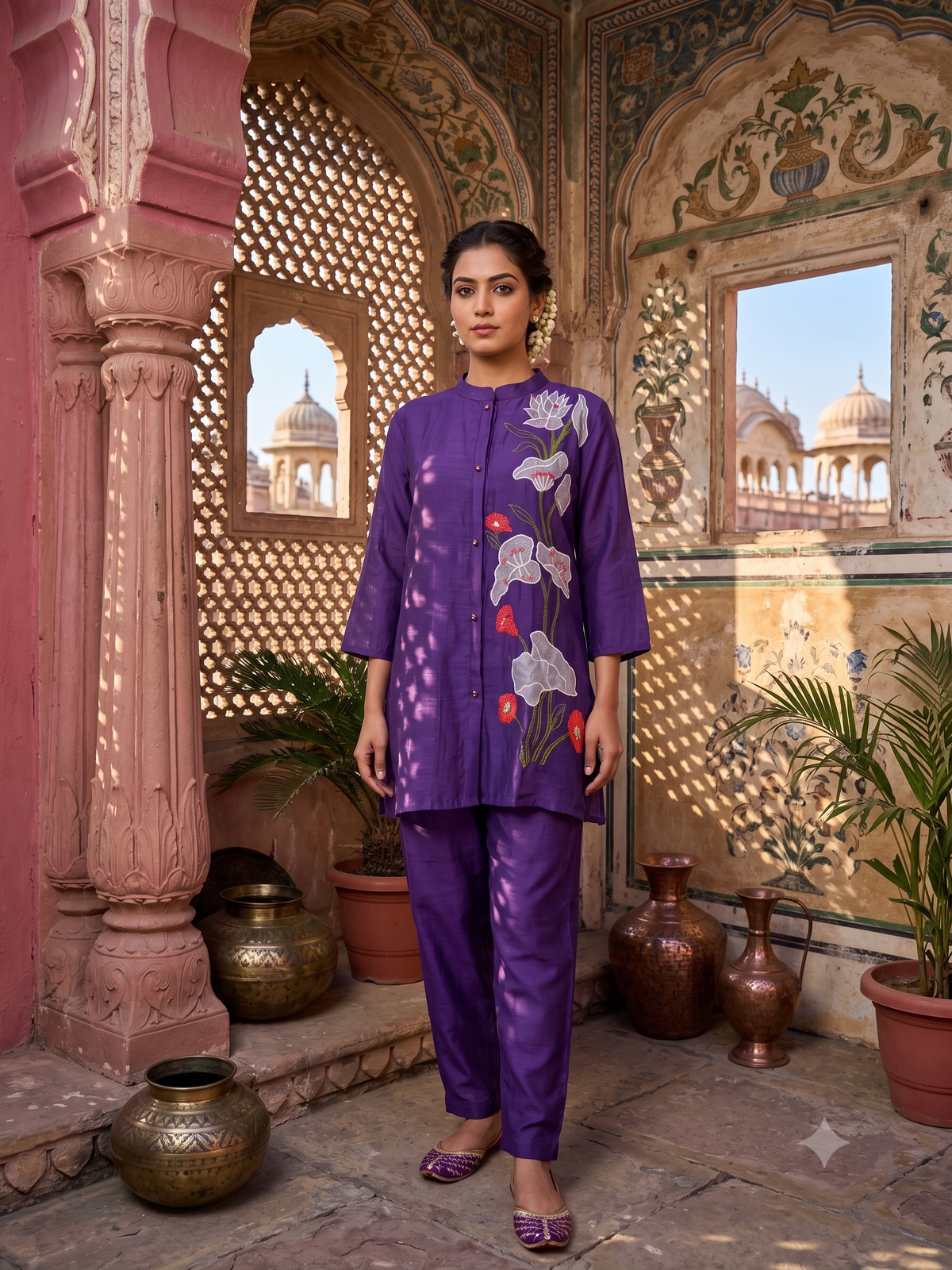 Royal Violet Embroidered Mul Chanderi Silk Co-ord Set