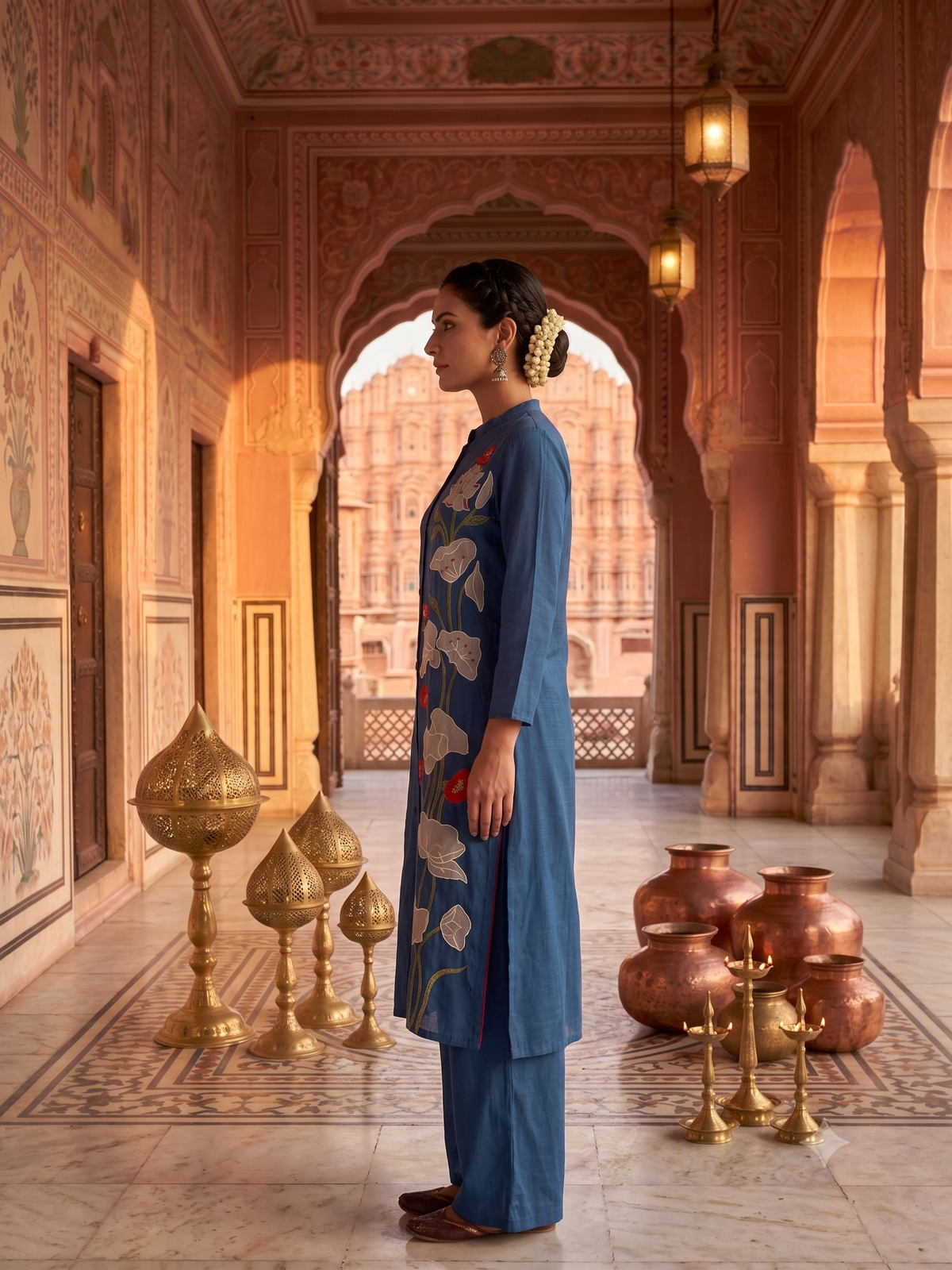 Slate Blue Embroidered Mul Chanderi Silk Kurta Set