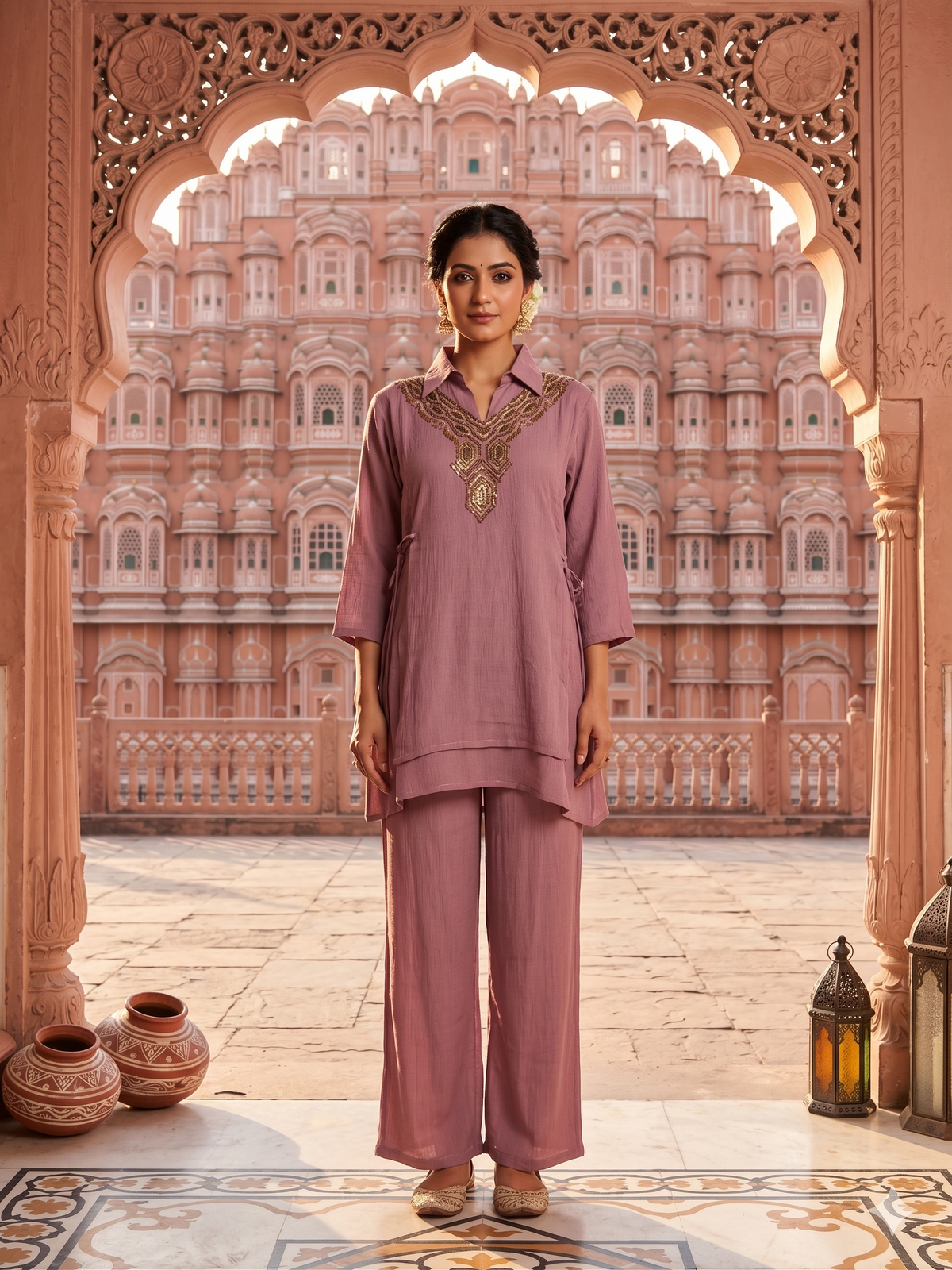 Muted Mauve Embellished Chiffon Silk  Co-ord Set