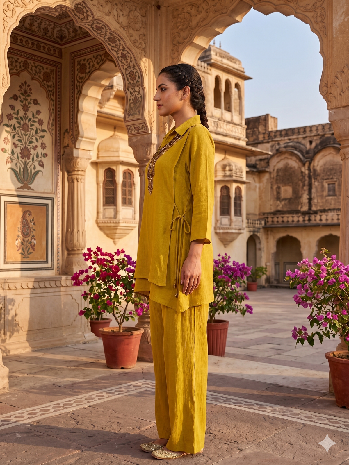 Mustard Yellow Embellished Chiffon Silk  Co-ord Set