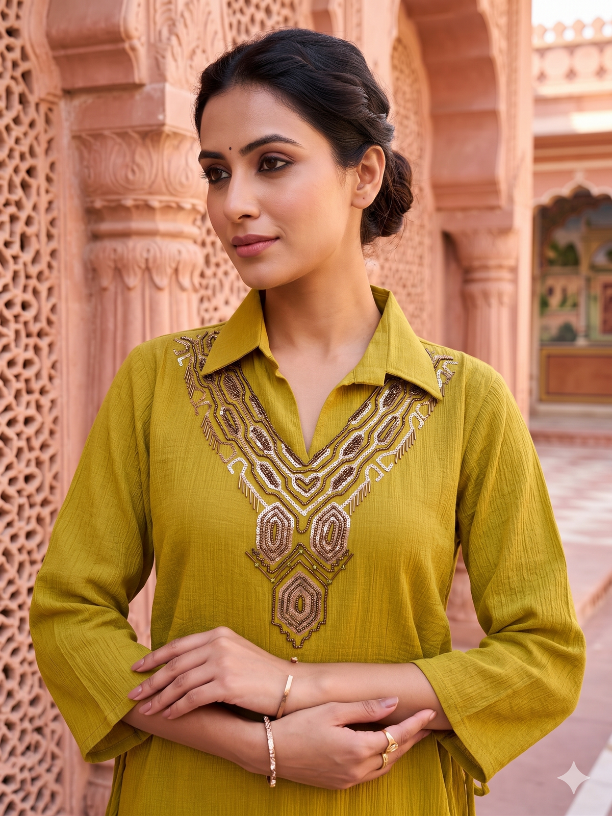 Mustard Yellow Embellished Chiffon Silk  Co-ord Set