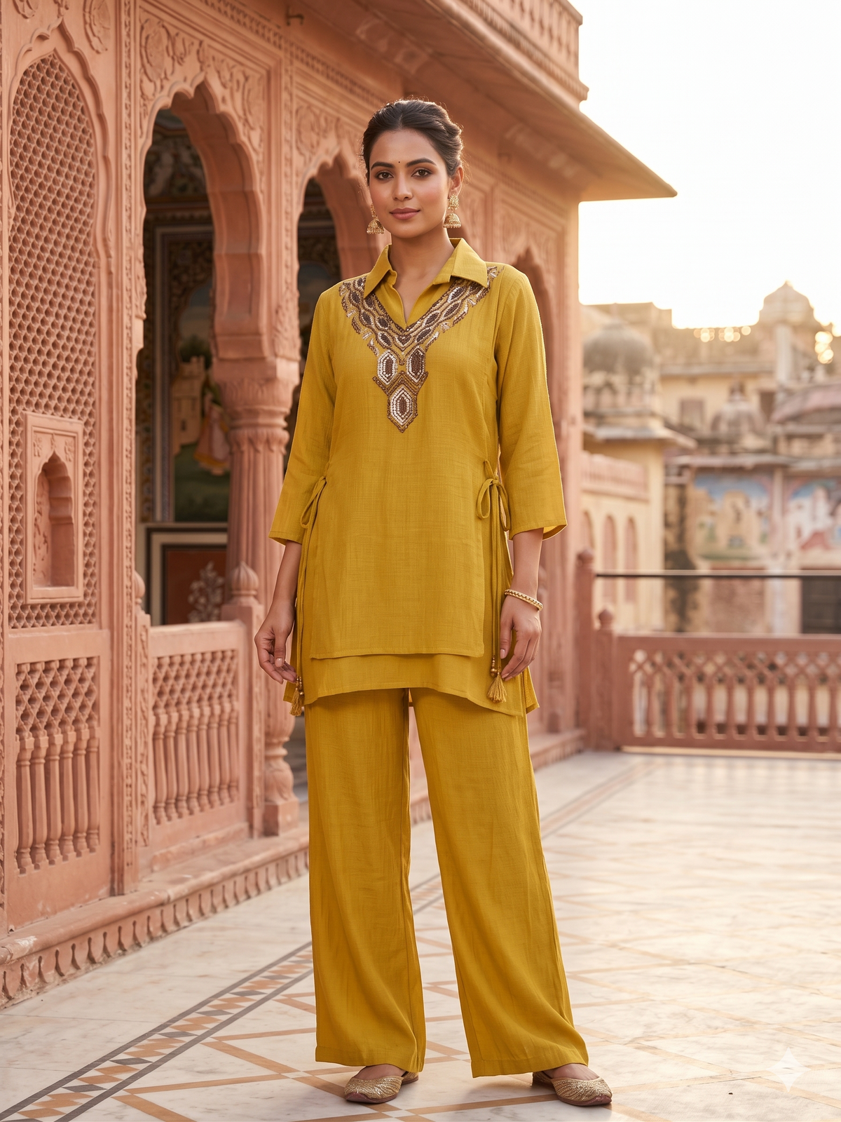 Mustard Yellow Embellished Chiffon Silk  Co-ord Set