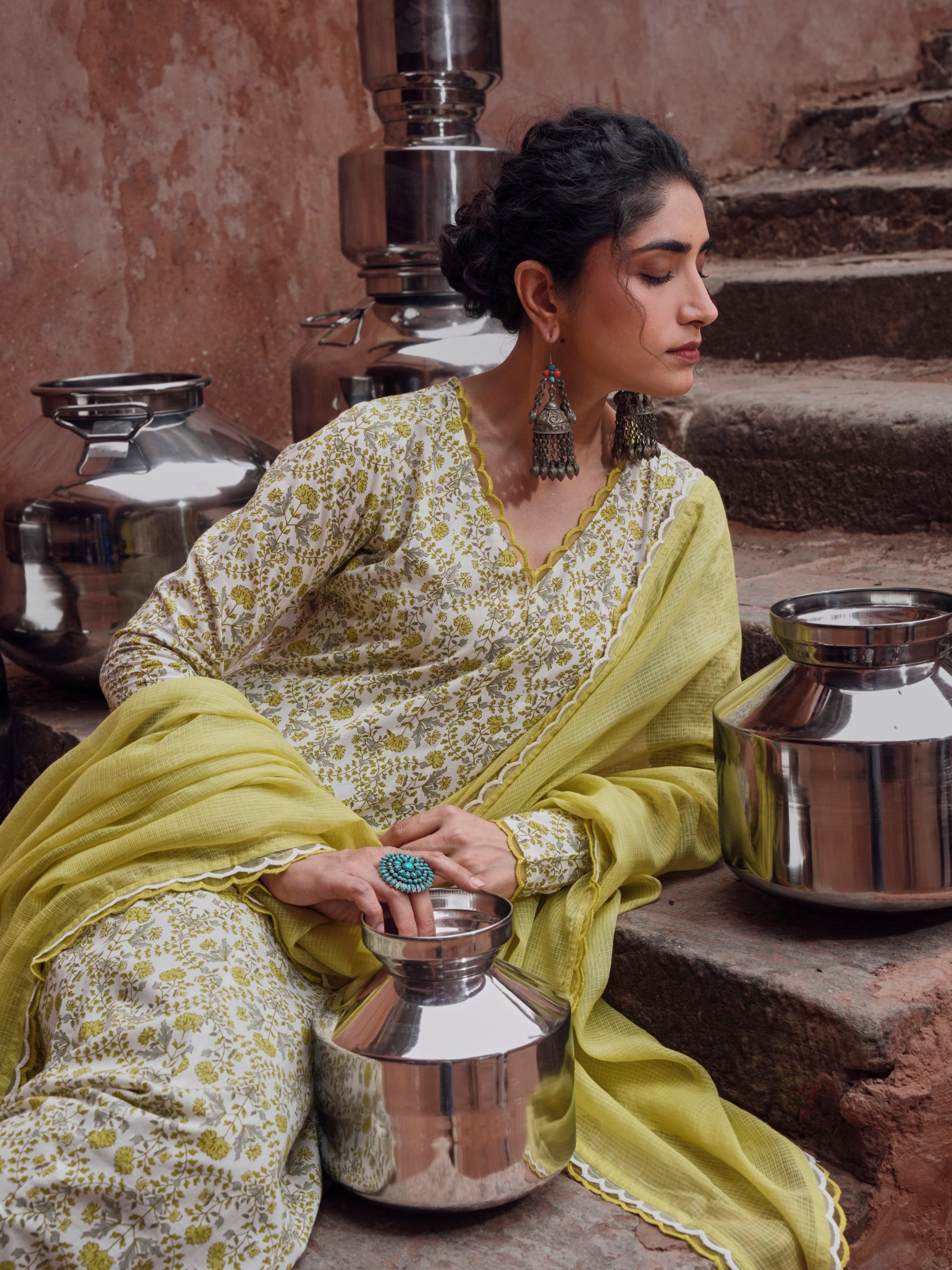 Lime Green Cotton Floral Anarkali Set