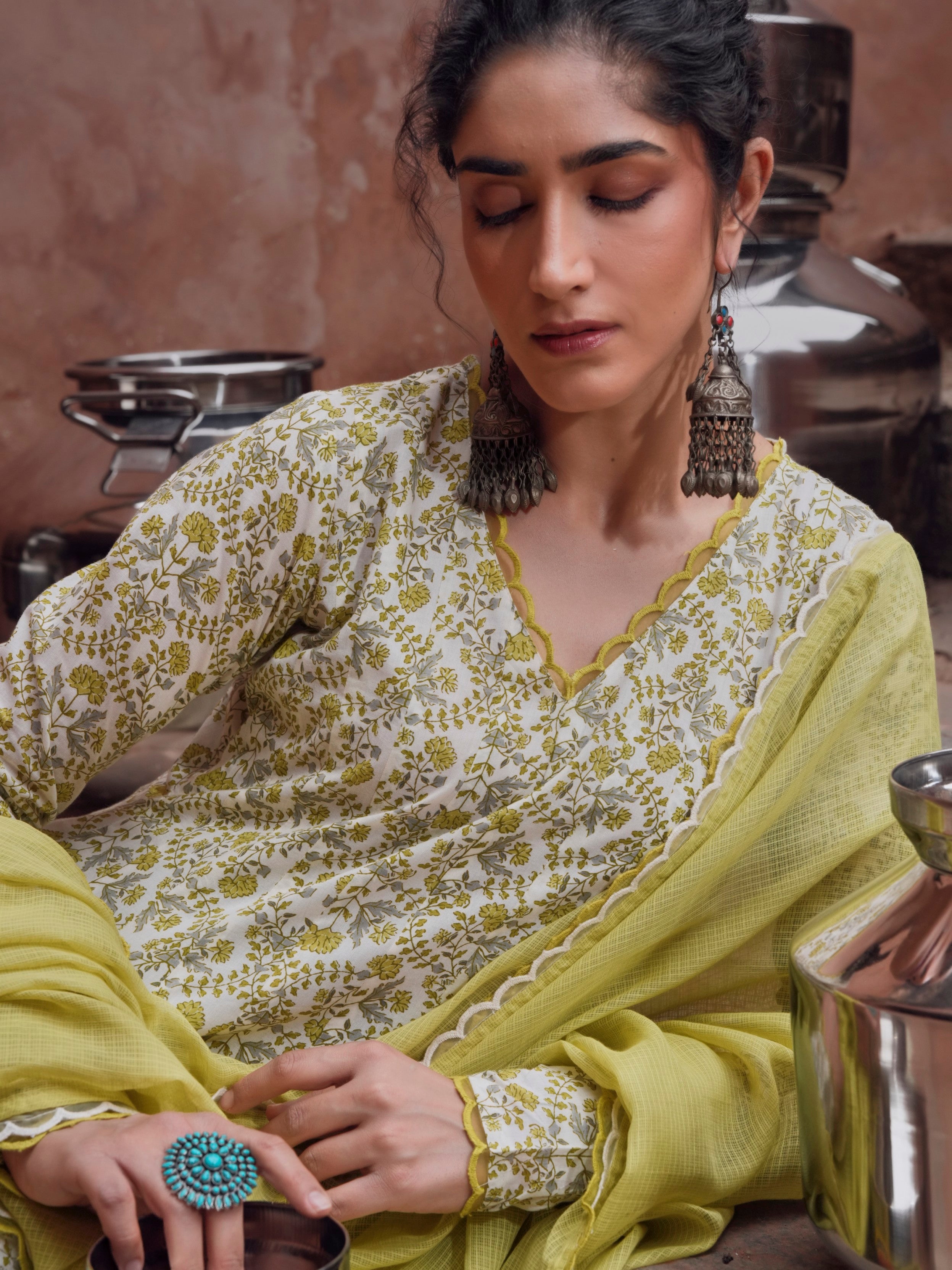 Lime Green Cotton Floral Anarkali Set