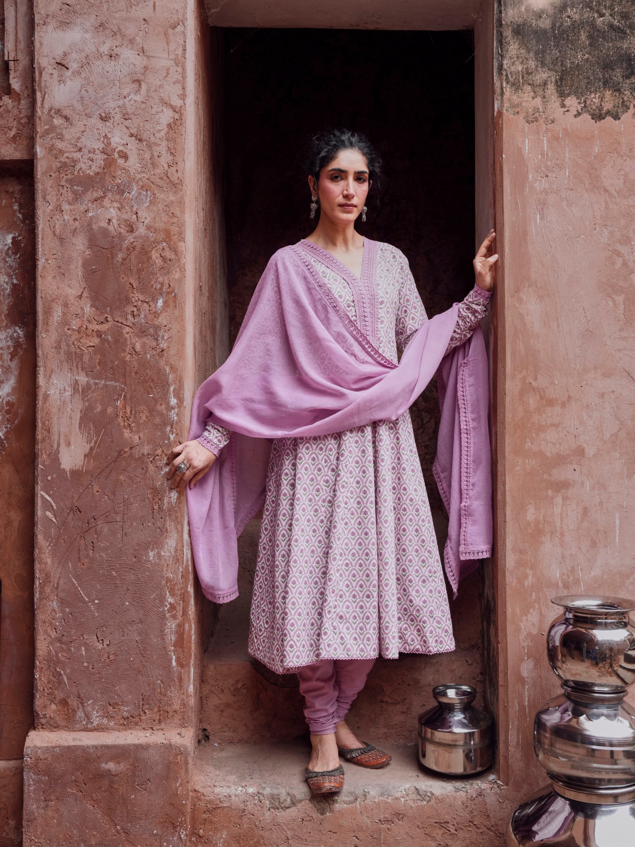 Light Purple Printed Cotton Anarkali Set