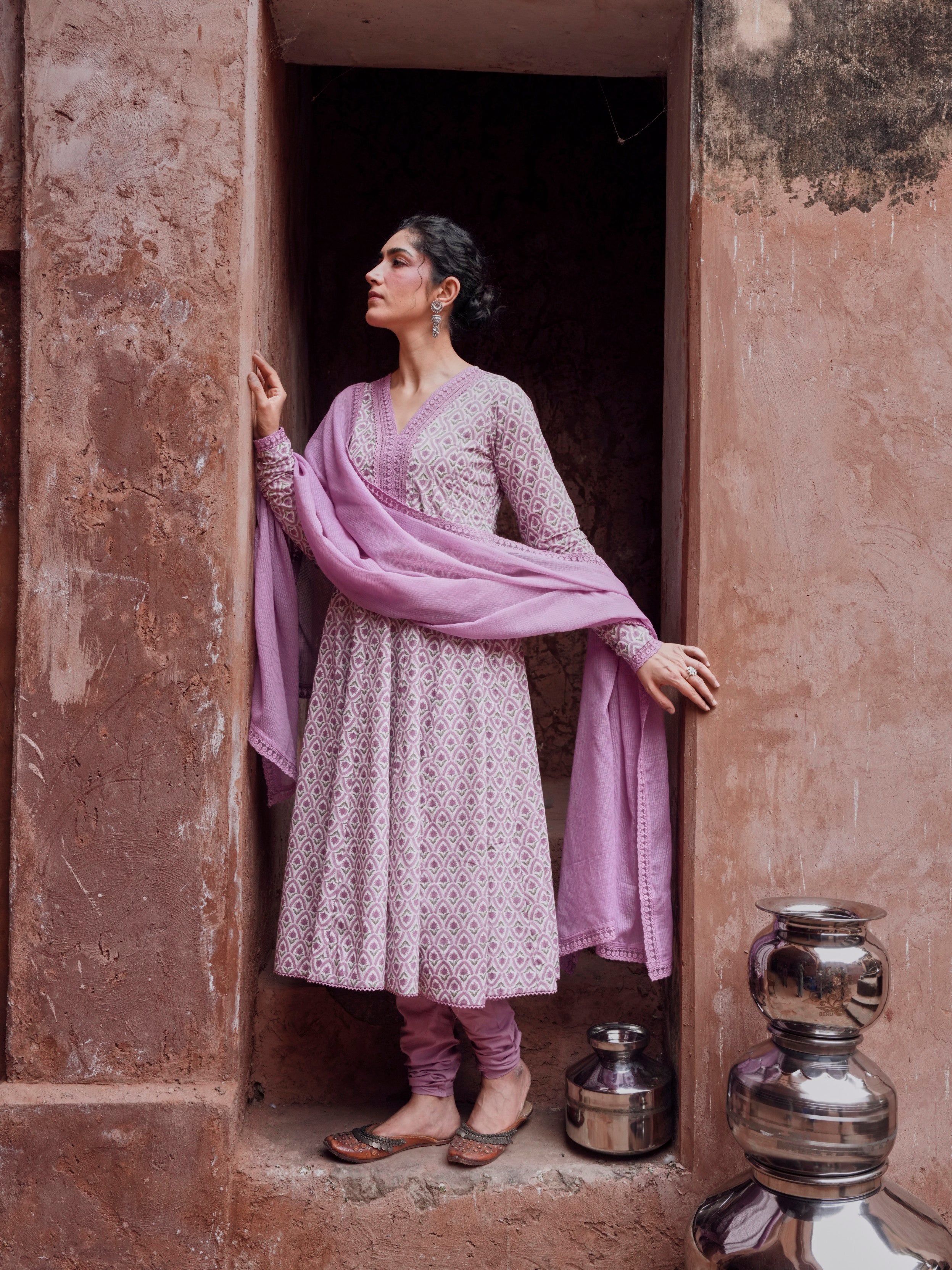Light Purple Printed Cotton Anarkali Set