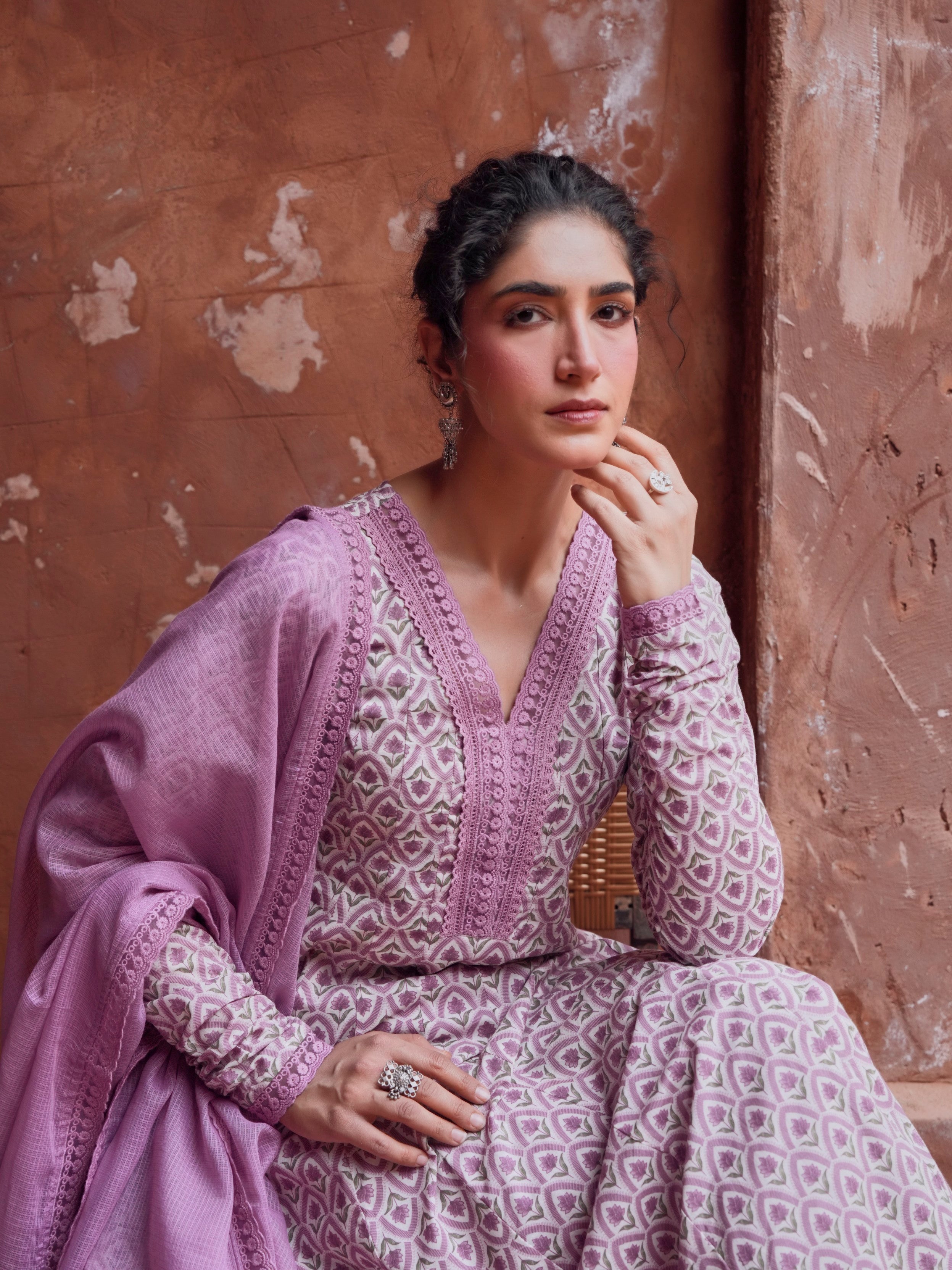 Light Purple Printed Cotton Anarkali Set