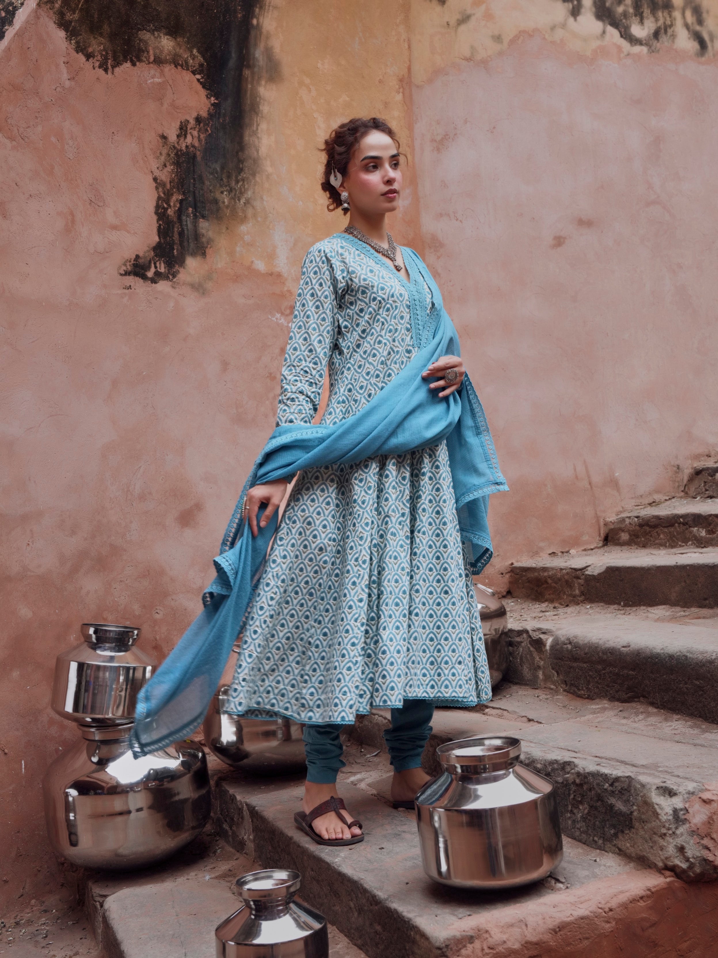 Light Blue Printed Cotton Anarkali Set