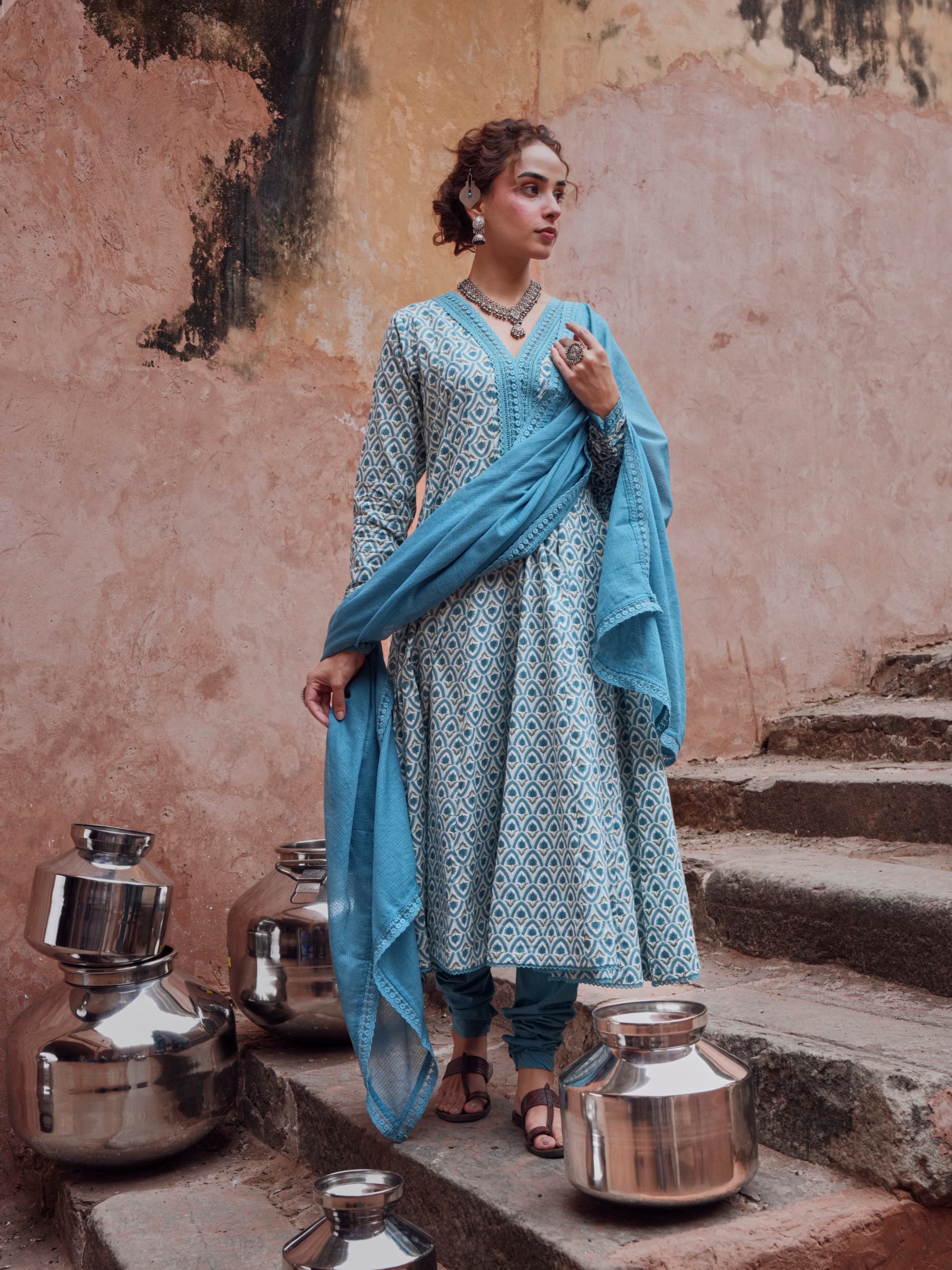Light Blue Printed Cotton Anarkali Set