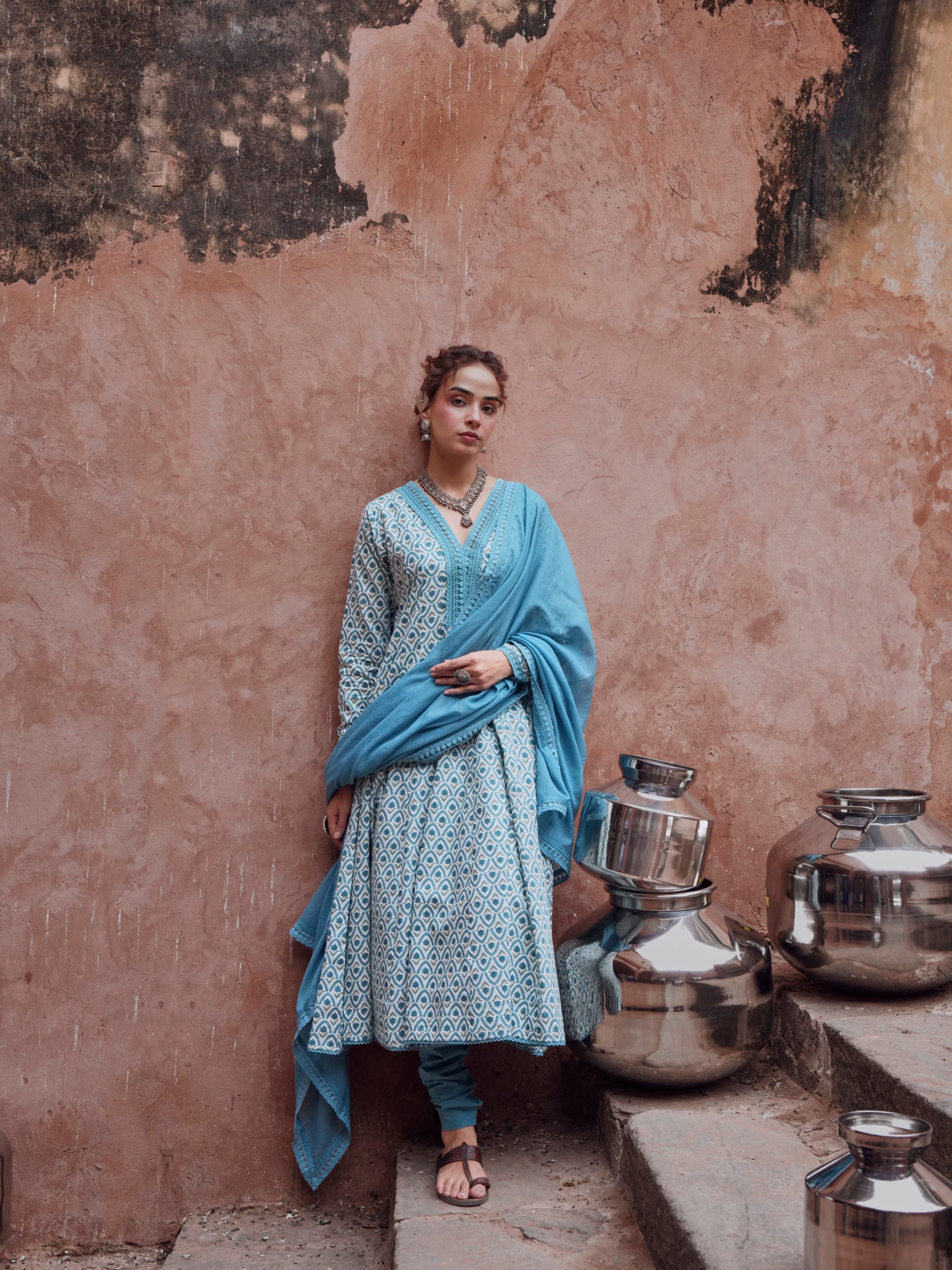 Light Blue Printed Cotton Anarkali Set