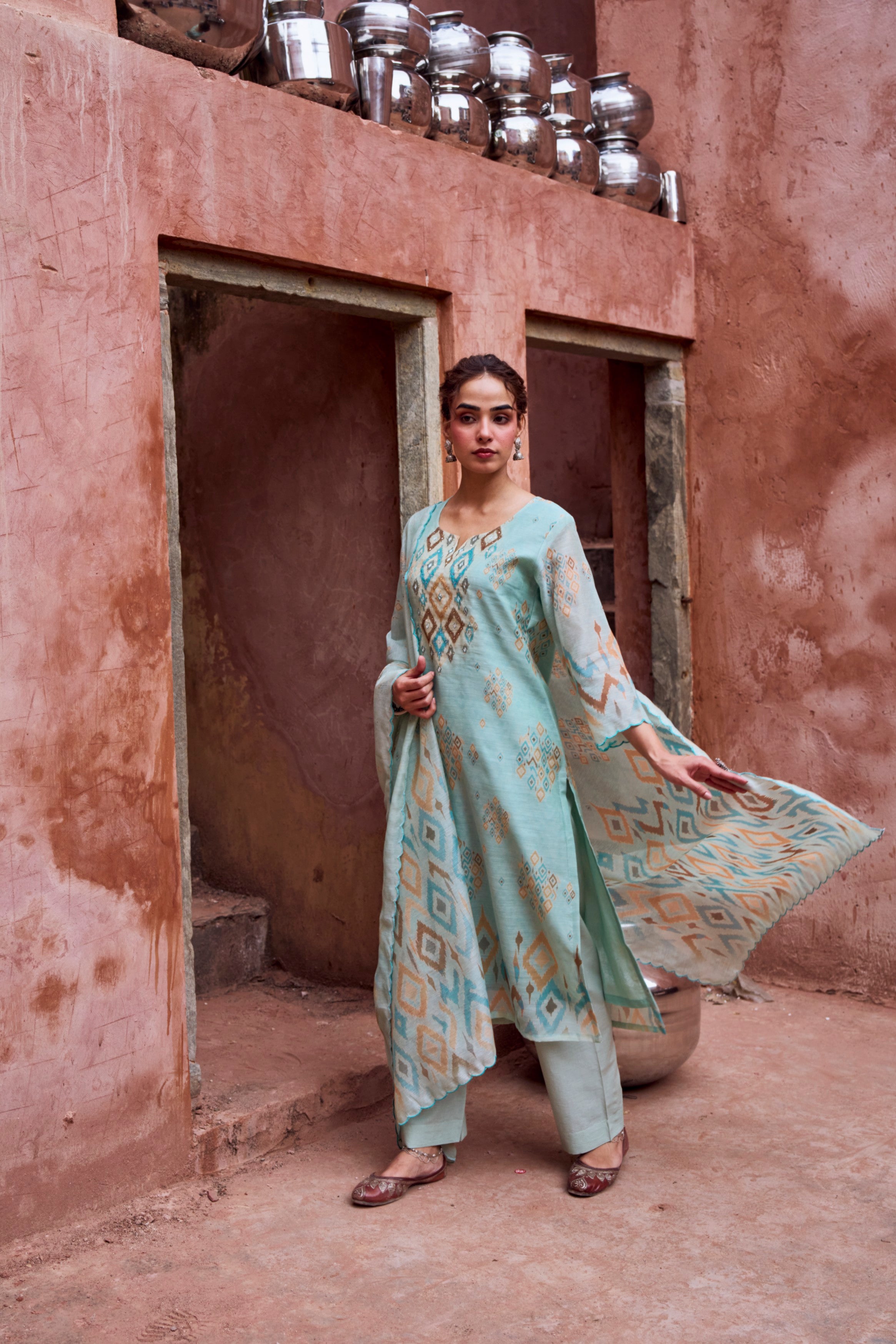Mint Blue Chanderi Silk Pant Set