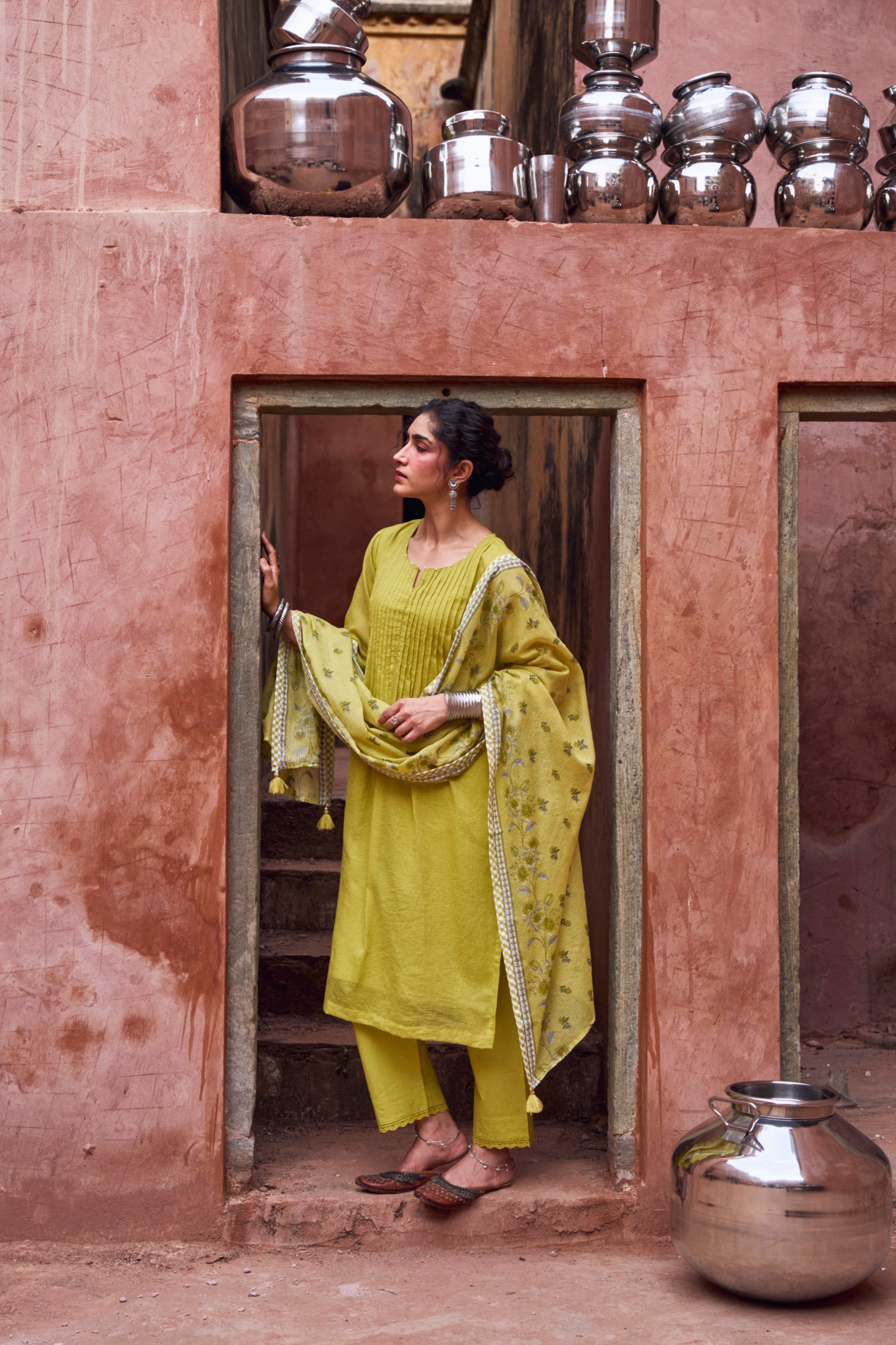 Lime Green Kota Doria Pant Set