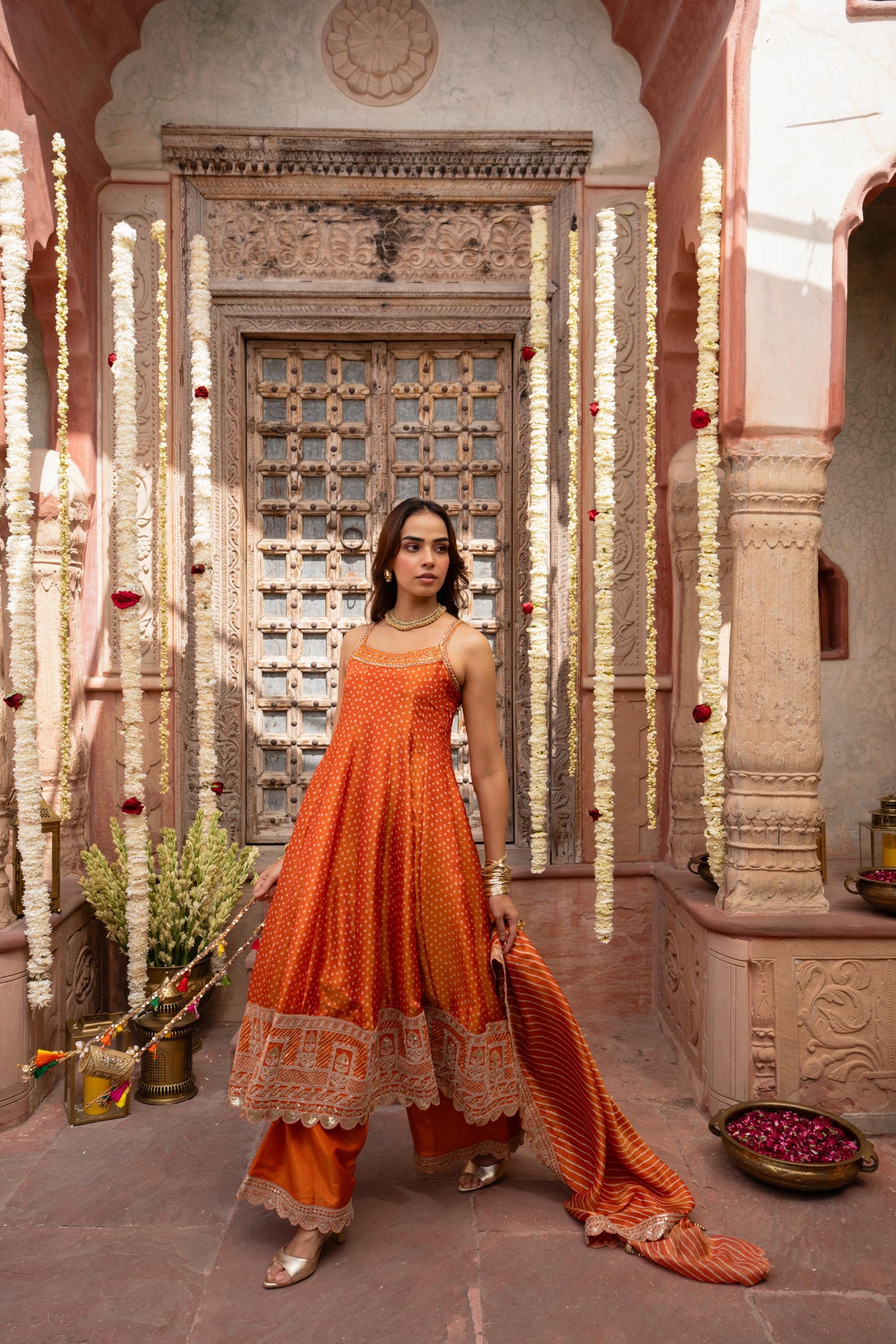 Regal Orange Embellished Shimmer Silk Anarkali Set