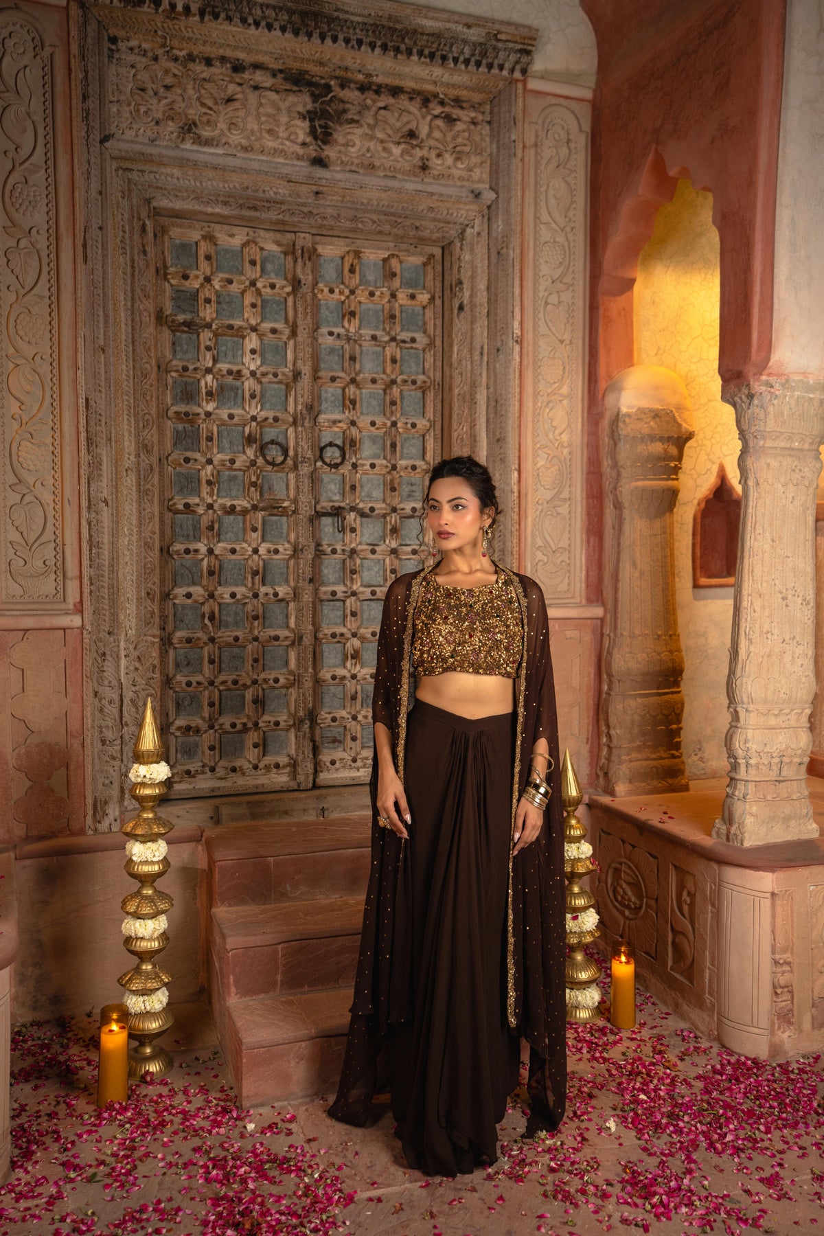 Deep Brown Embellished Georgette Silk Skirt Set