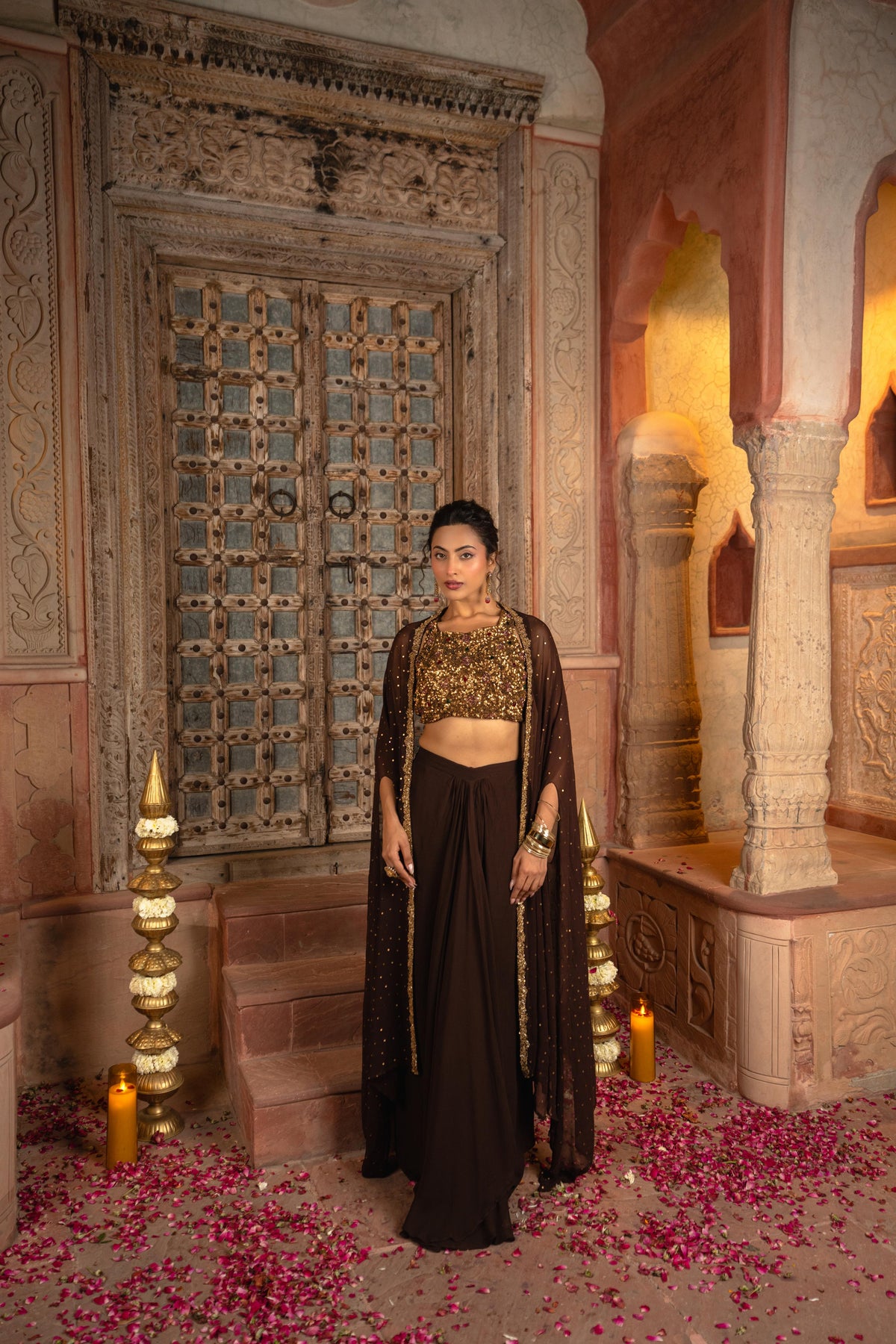 Deep Brown Embellished Georgette Silk Skirt Set